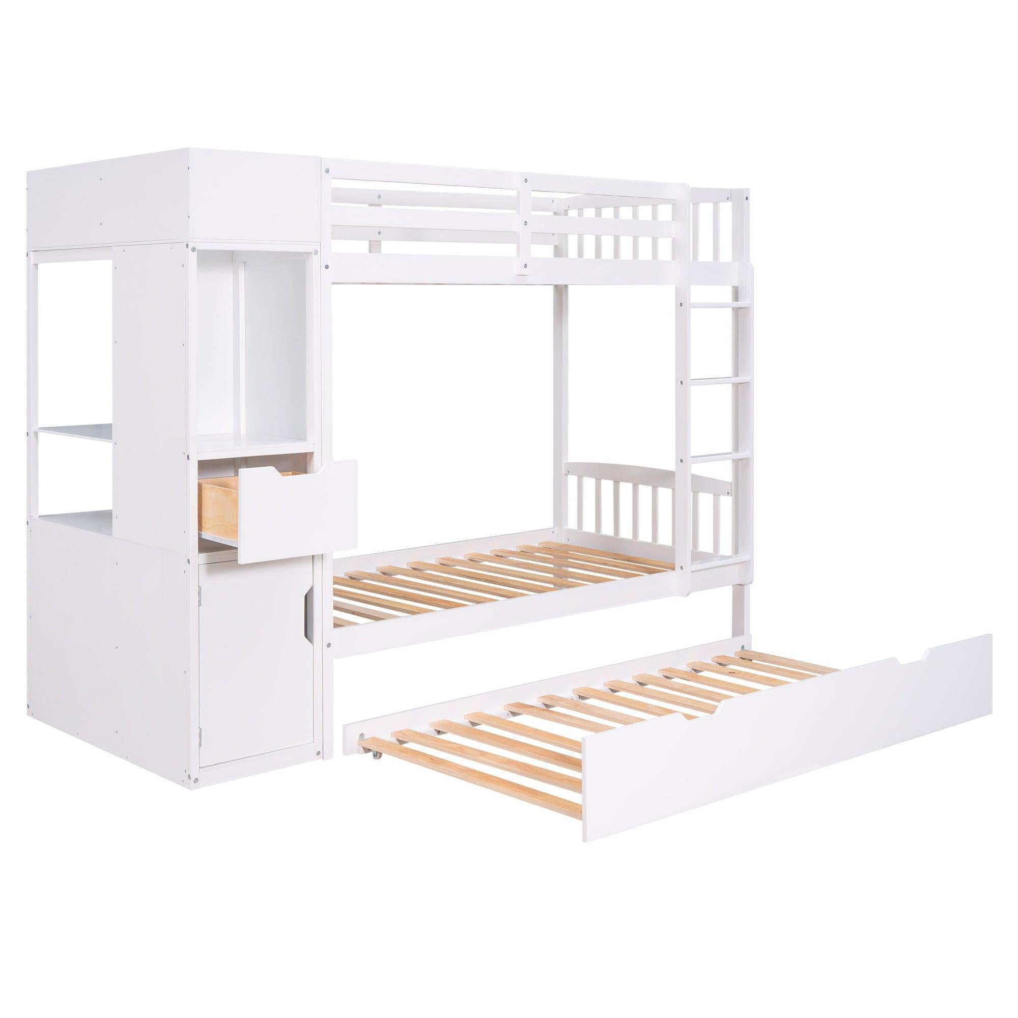 Twin over Twin Bunk Bed with Twin Size Trundle and Attached MultifunctionalStorage - White