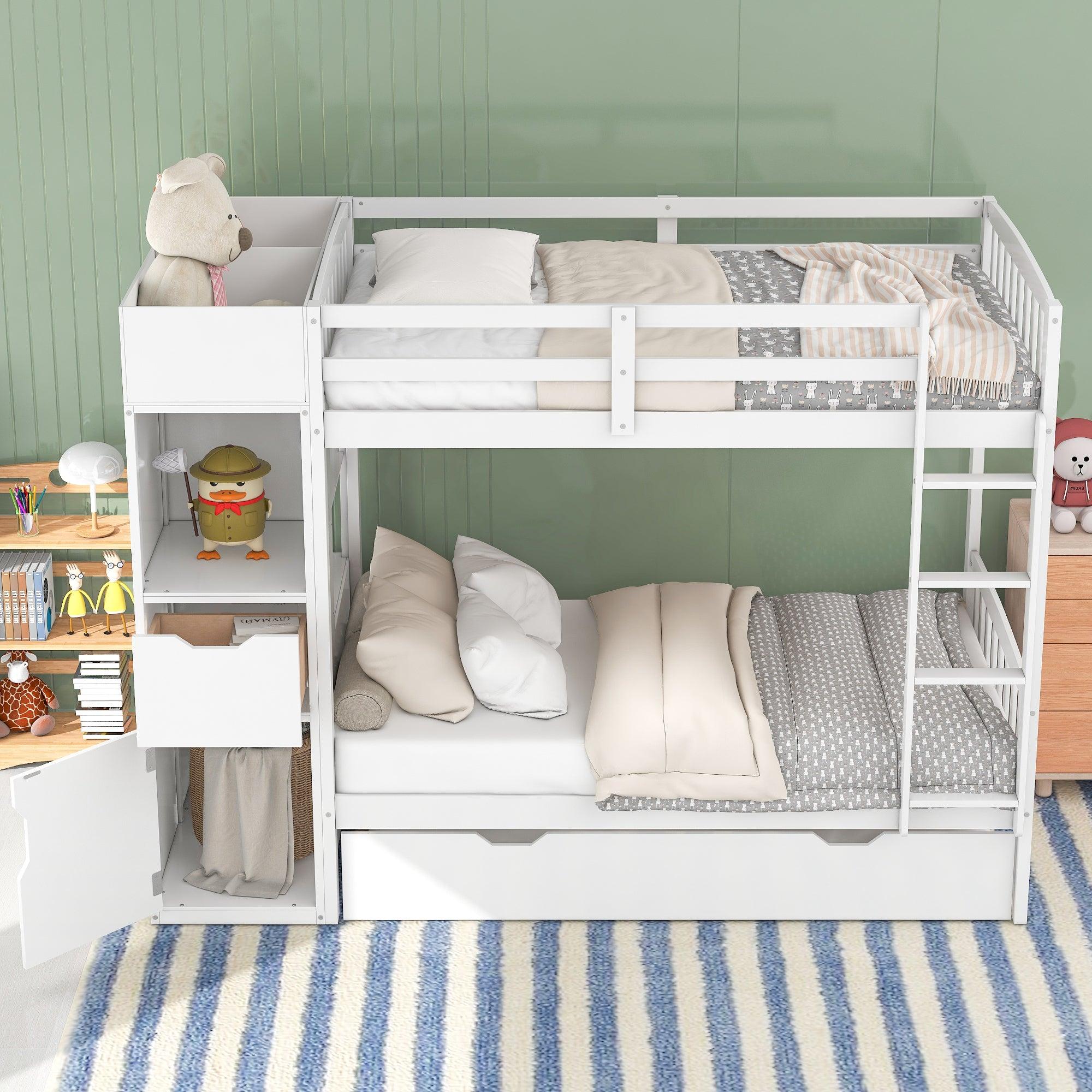 Twin over Twin Bunk Bed with Twin Size Trundle and Attached MultifunctionalStorage - White