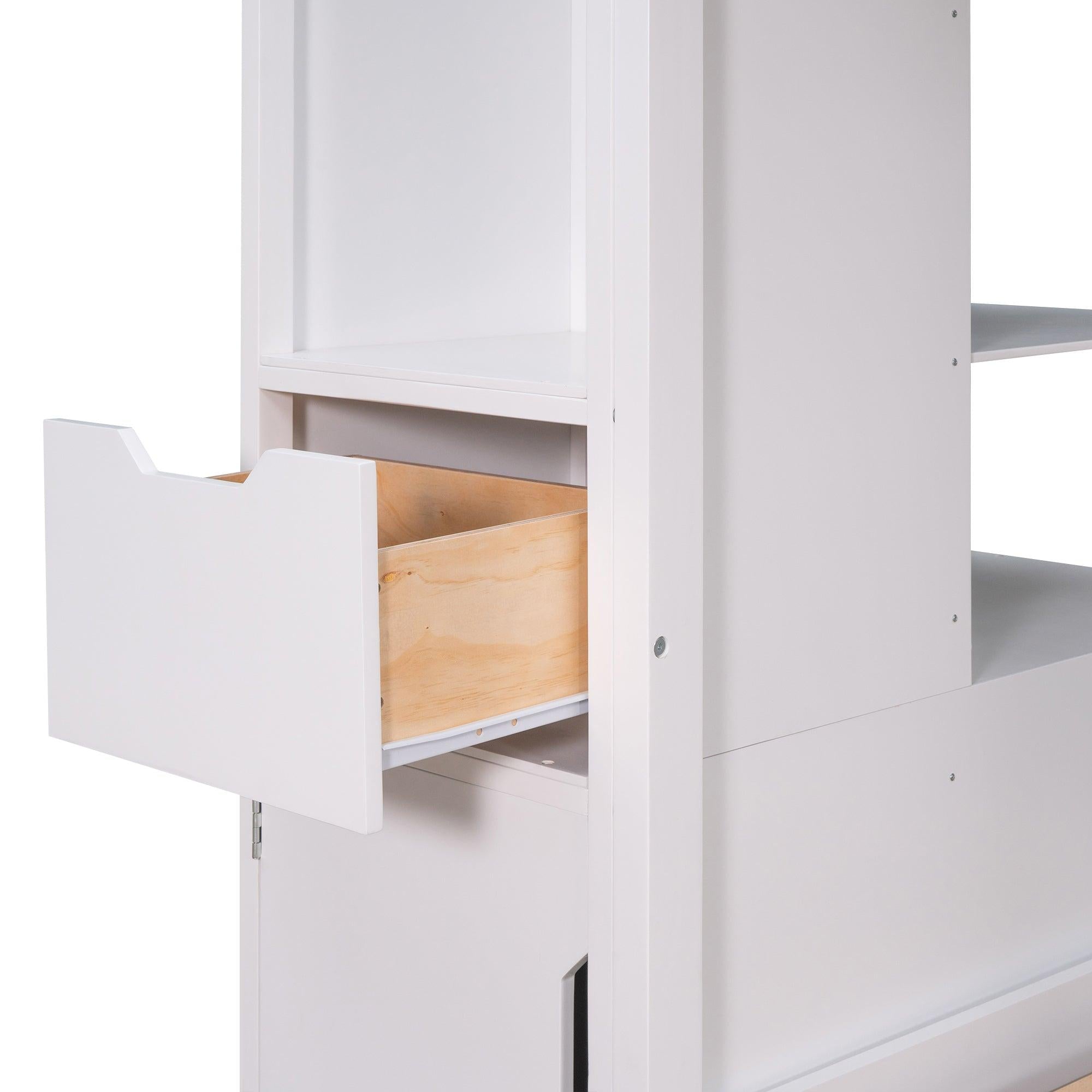 Twin over Twin Bunk Bed with Twin Size Trundle and Attached MultifunctionalStorage - White