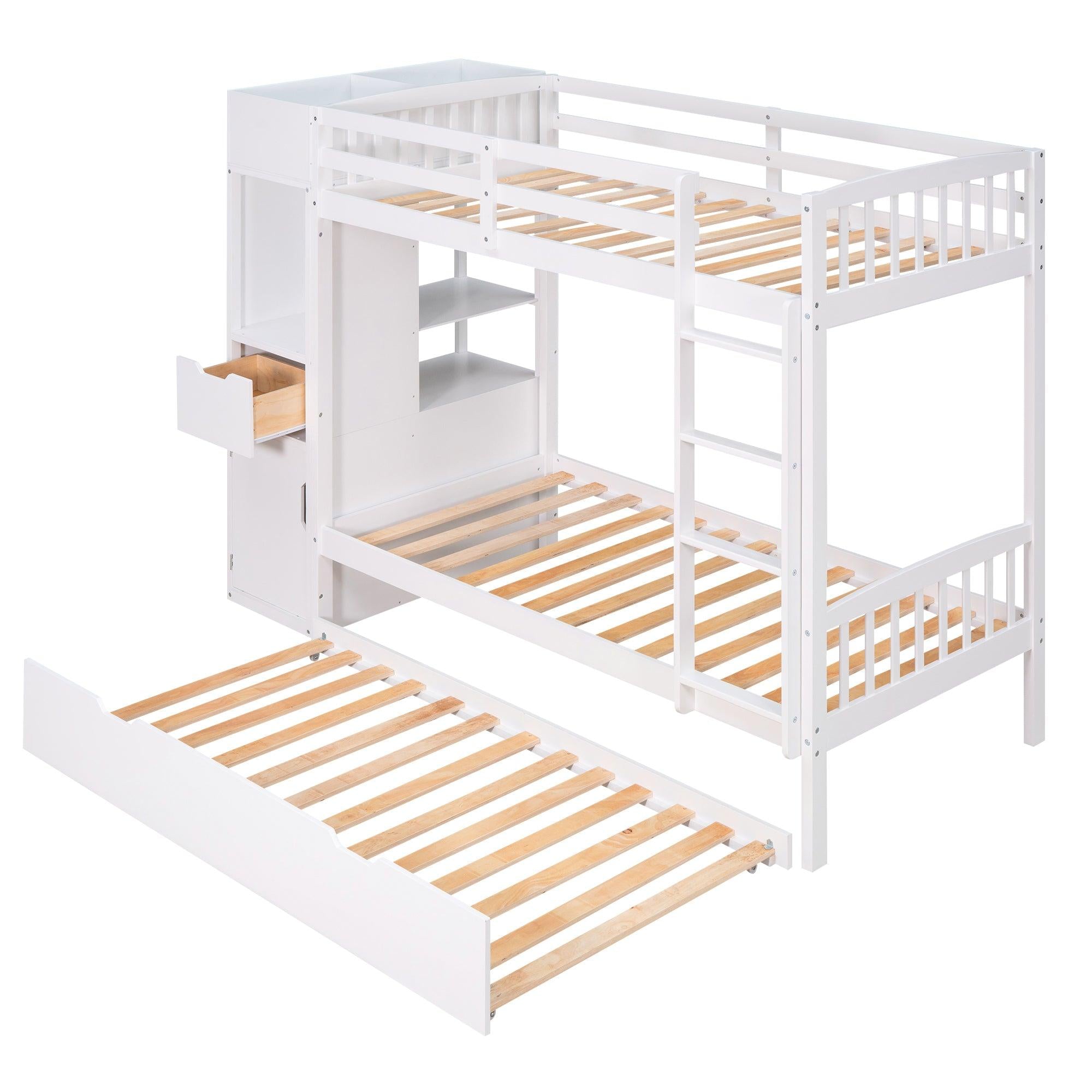 Twin over Twin Bunk Bed with Twin Size Trundle and Attached MultifunctionalStorage - White