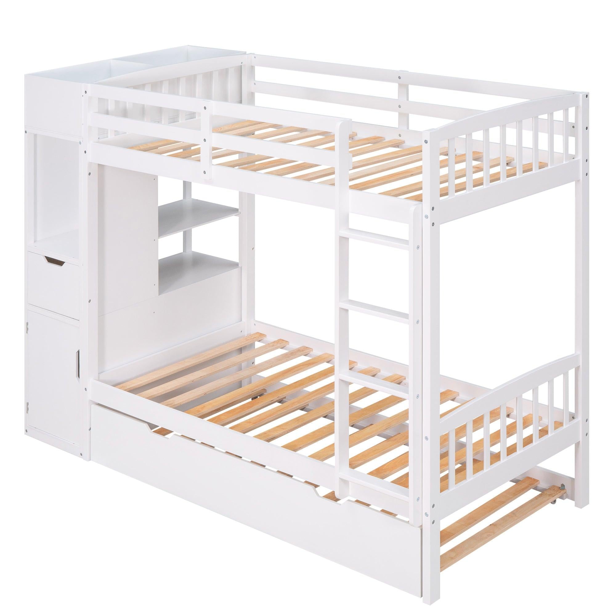 Twin over Twin Bunk Bed with Twin Size Trundle and Attached MultifunctionalStorage - White