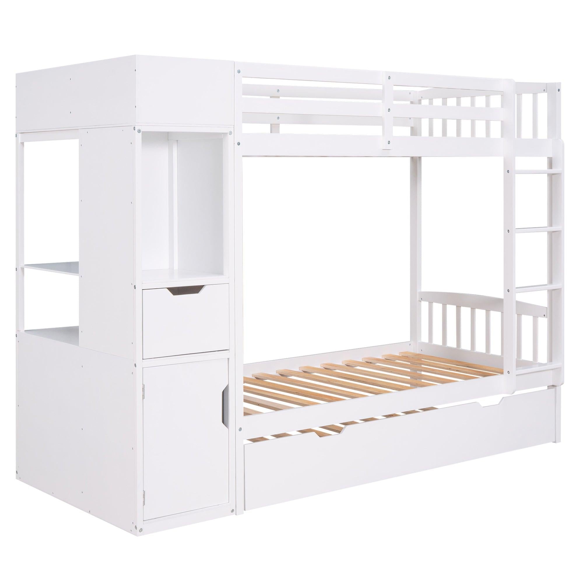 Twin over Twin Bunk Bed with Twin Size Trundle and Attached MultifunctionalStorage - White