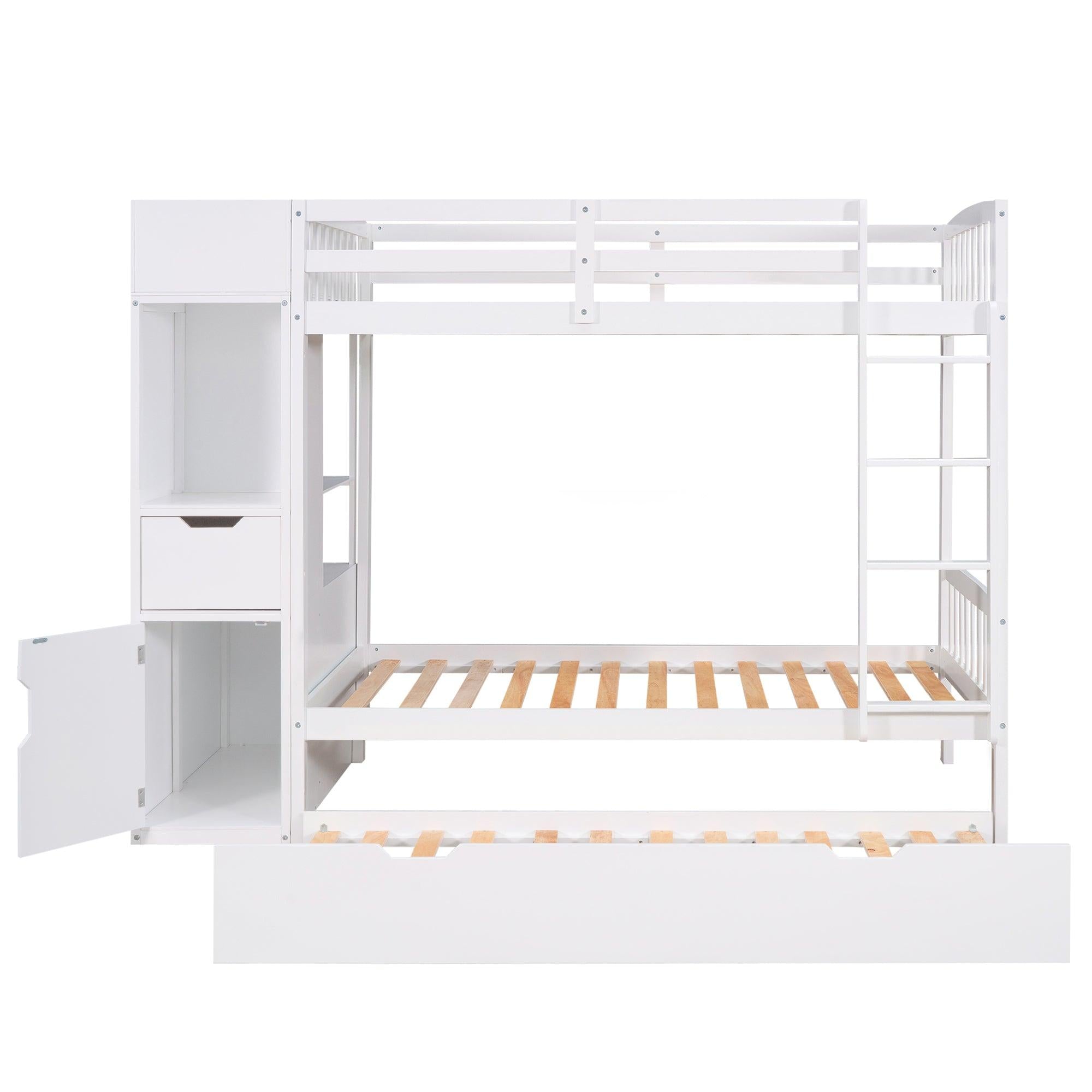 Twin over Twin Bunk Bed with Twin Size Trundle and Attached MultifunctionalStorage - White