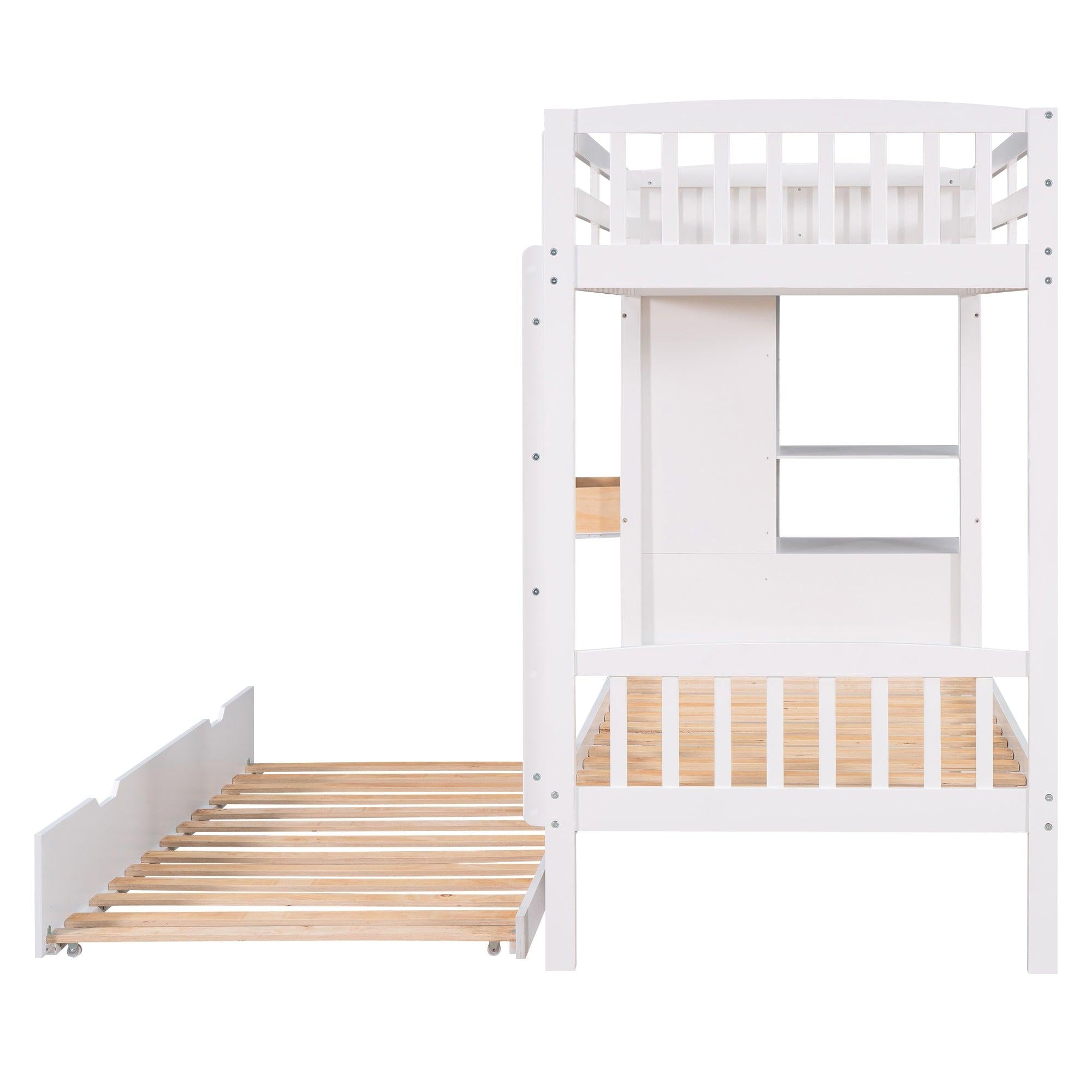 Twin over Twin Bunk Bed with Twin Size Trundle and Attached MultifunctionalStorage - White