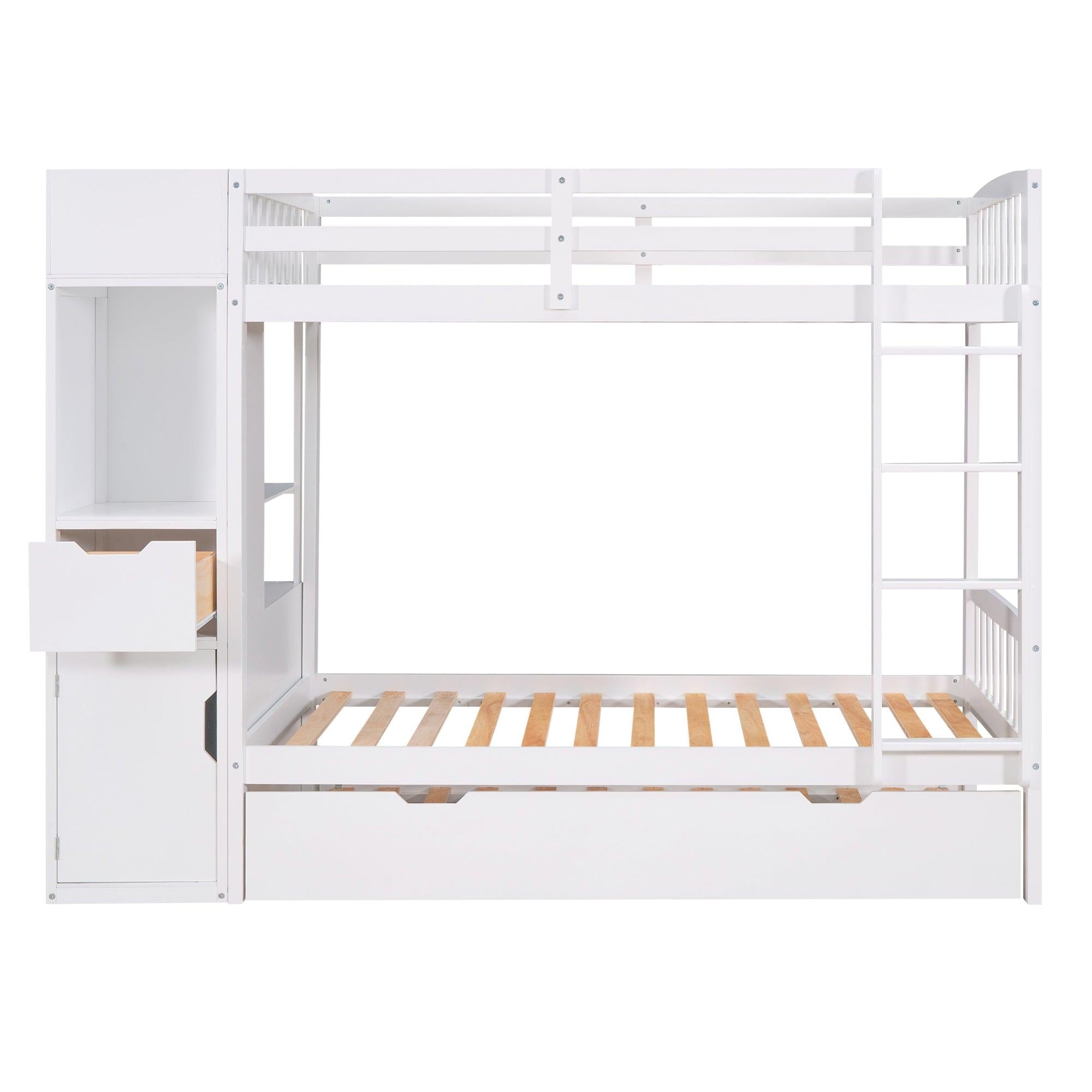 Twin over Twin Bunk Bed with Twin Size Trundle and Attached MultifunctionalStorage - White