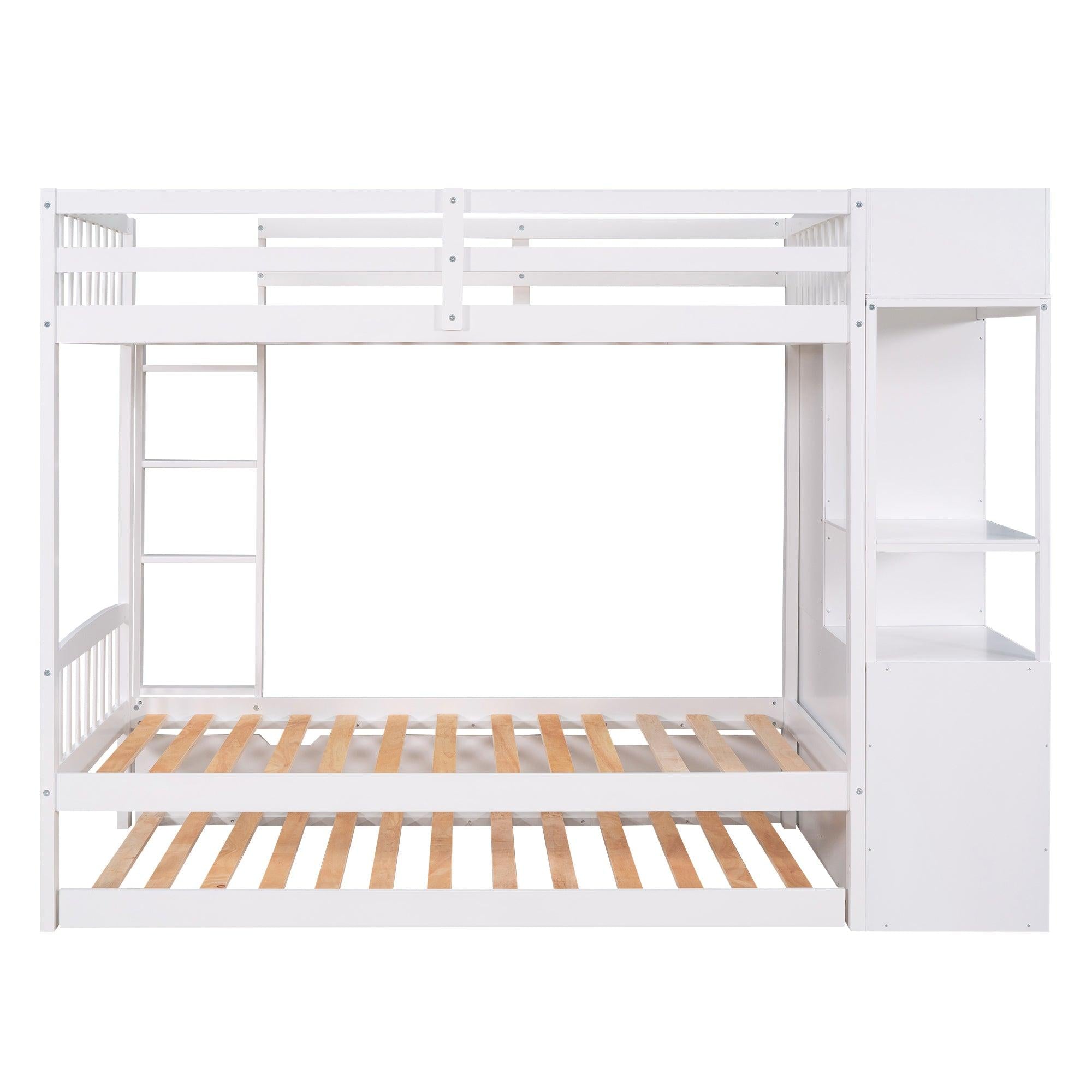 Twin over Twin Bunk Bed with Twin Size Trundle and Attached MultifunctionalStorage - White