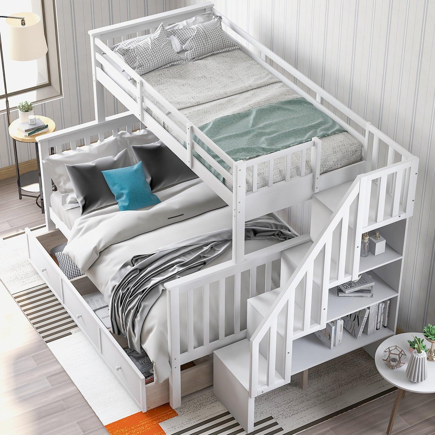 Twin Over Full Bunk Bed with Drawer andStorage Staircase - White