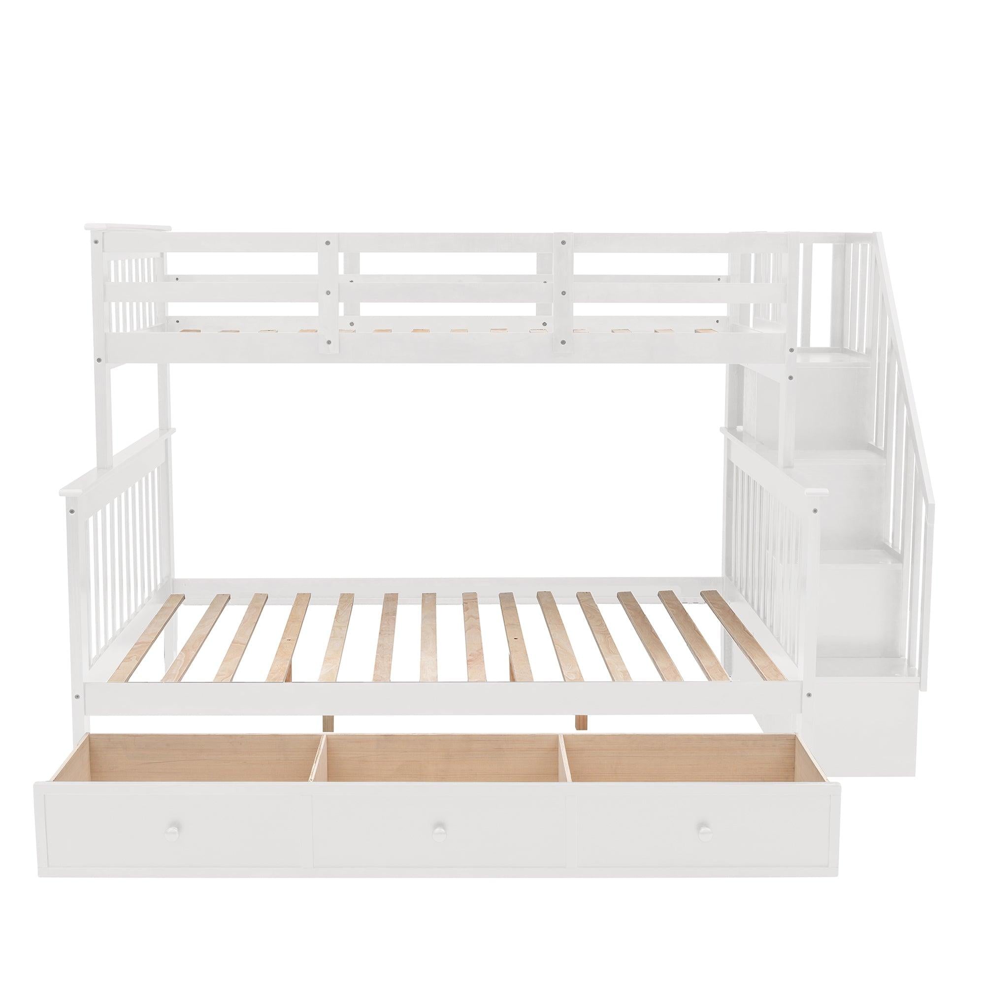 Twin Over Full Bunk Bed with Drawer andStorage Staircase - White