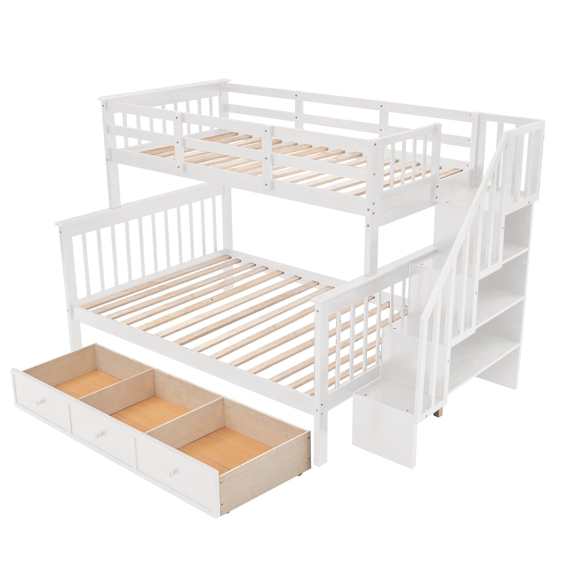 Twin Over Full Bunk Bed with Drawer andStorage Staircase - White