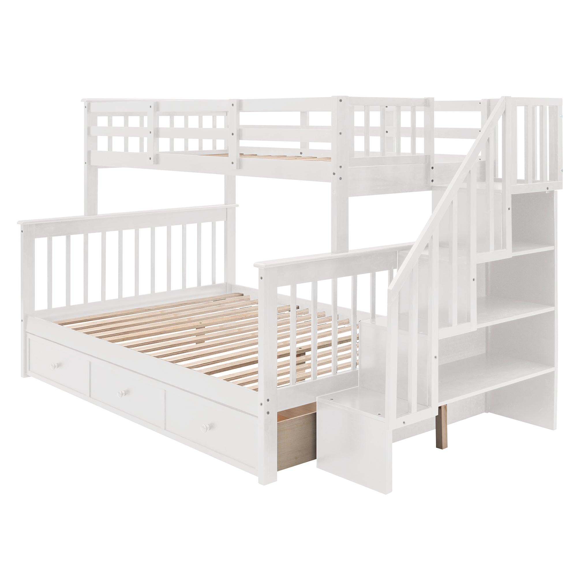 Twin Over Full Bunk Bed with Drawer andStorage Staircase - White