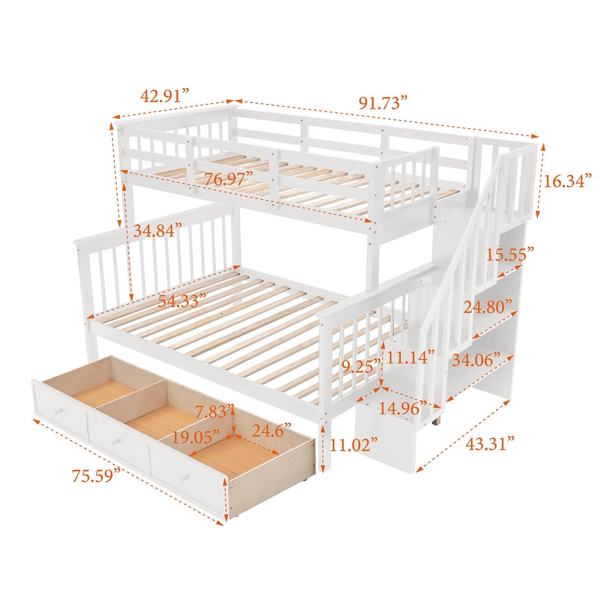 Twin Over Full Bunk Bed with Drawer andStorage Staircase - White