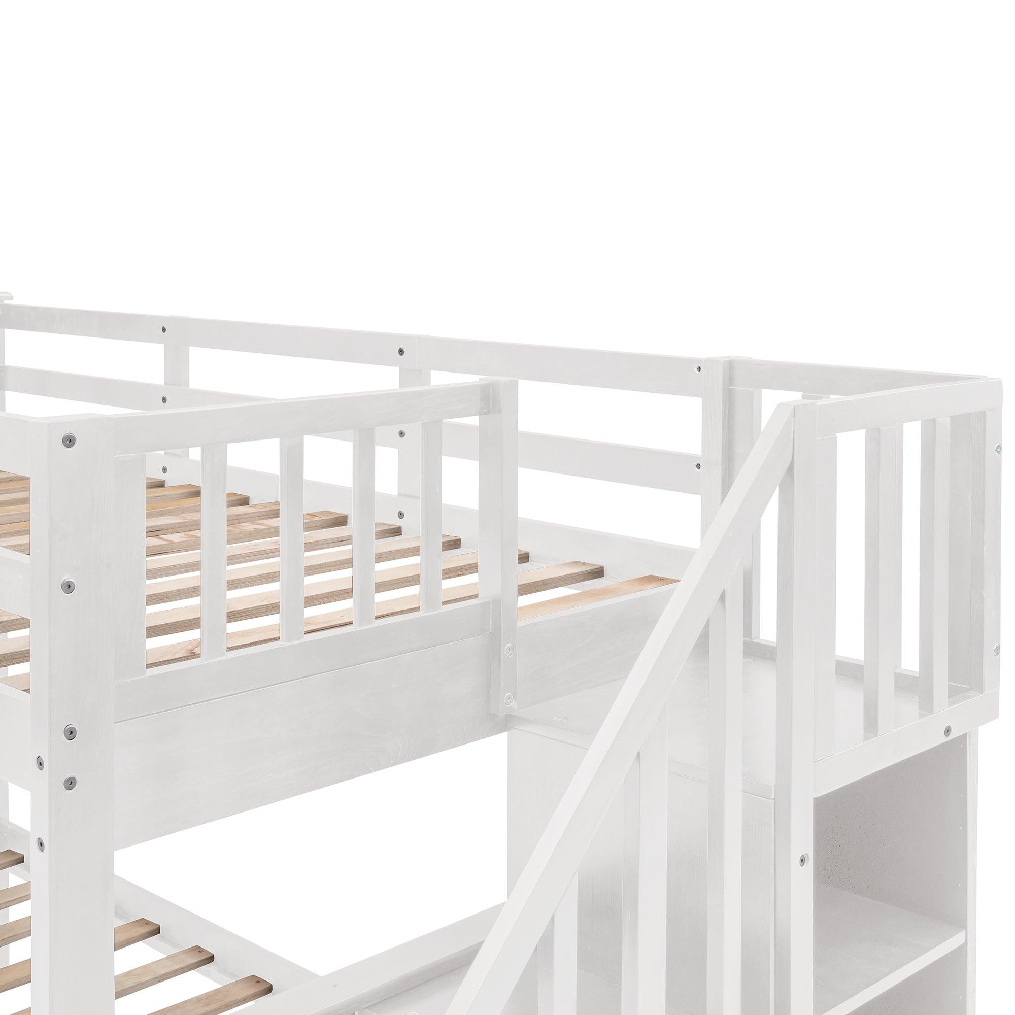 Twin Over Full Bunk Bed with Drawer andStorage Staircase - White