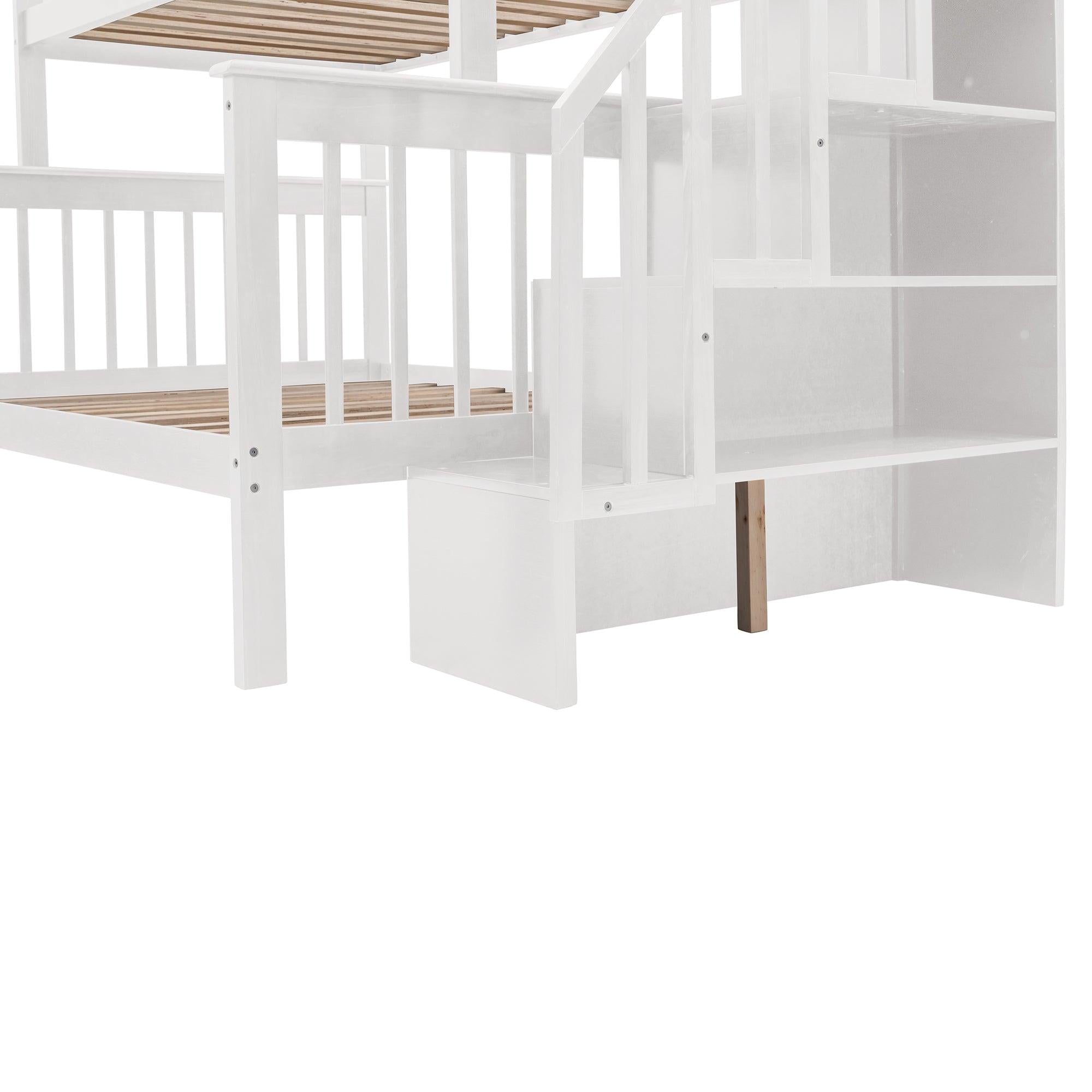 Twin Over Full Bunk Bed with Drawer andStorage Staircase - White