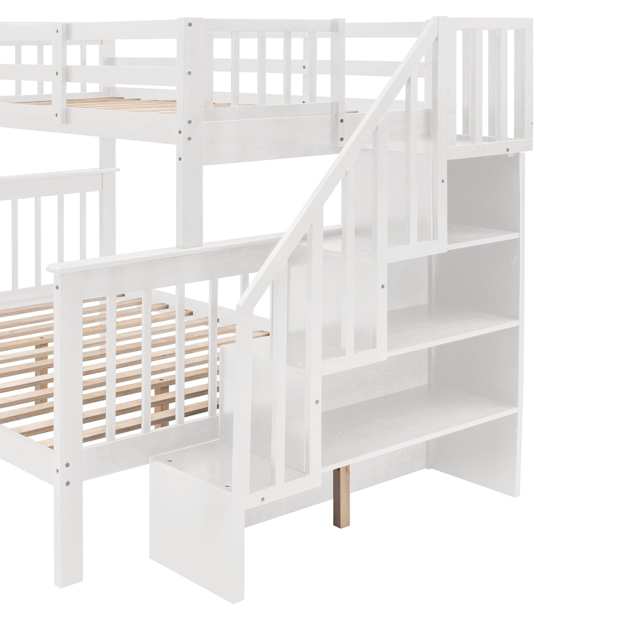 Twin Over Full Bunk Bed with Drawer andStorage Staircase - White