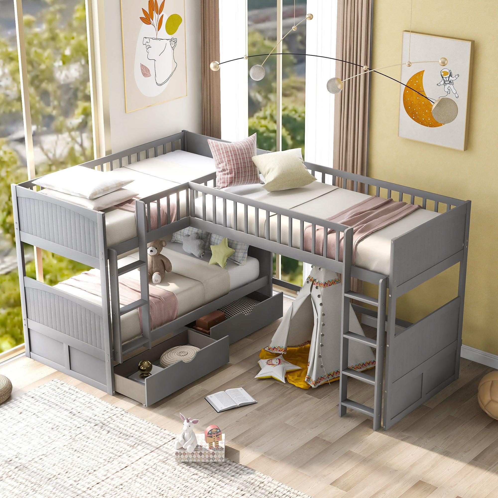 Twin over Twin Bunk Bed with Attached Loft Bed and Drawers - Gray