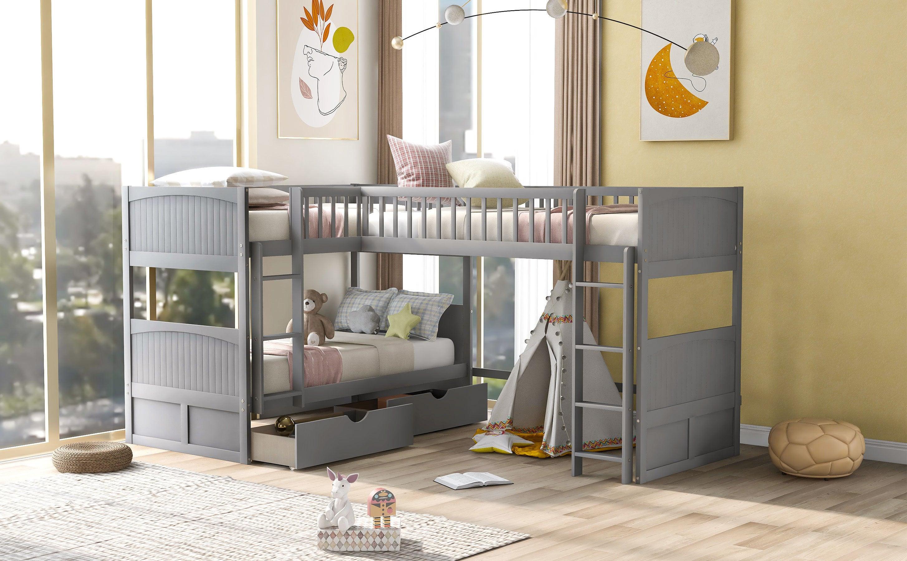 Twin over Twin Bunk Bed with Attached Loft Bed and Drawers - Gray