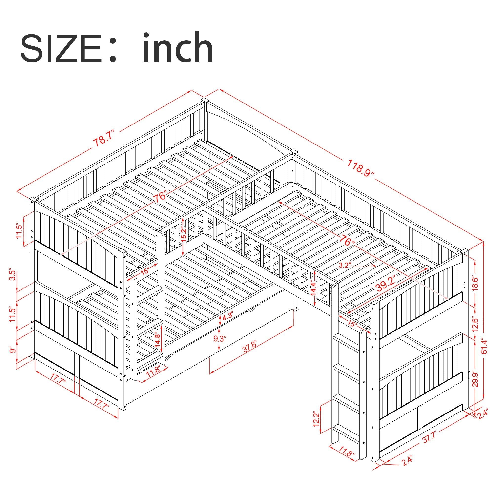 Twin over Twin Bunk Bed with Attached Loft Bed and Drawers - Gray