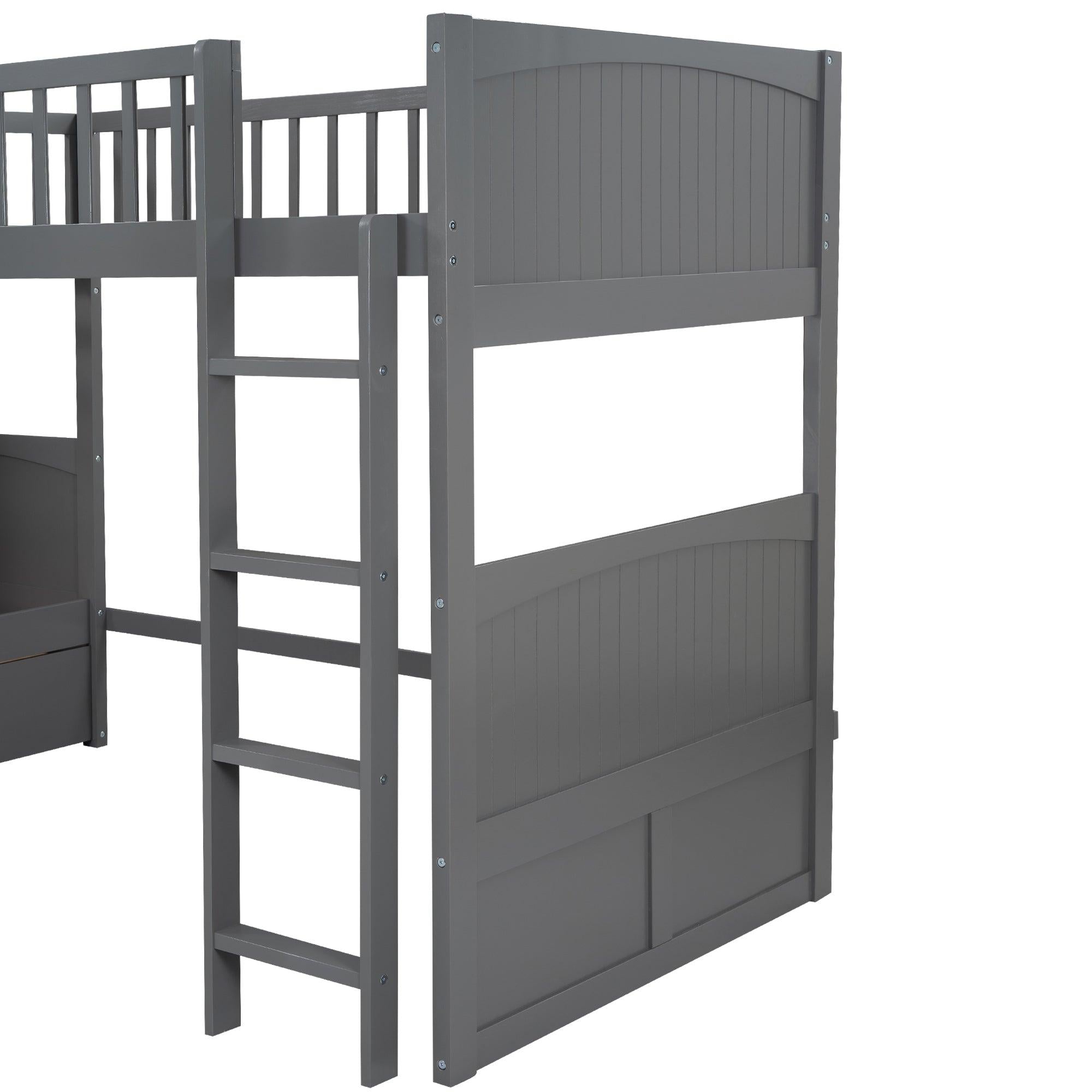 Twin over Twin Bunk Bed with Attached Loft Bed and Drawers - Gray