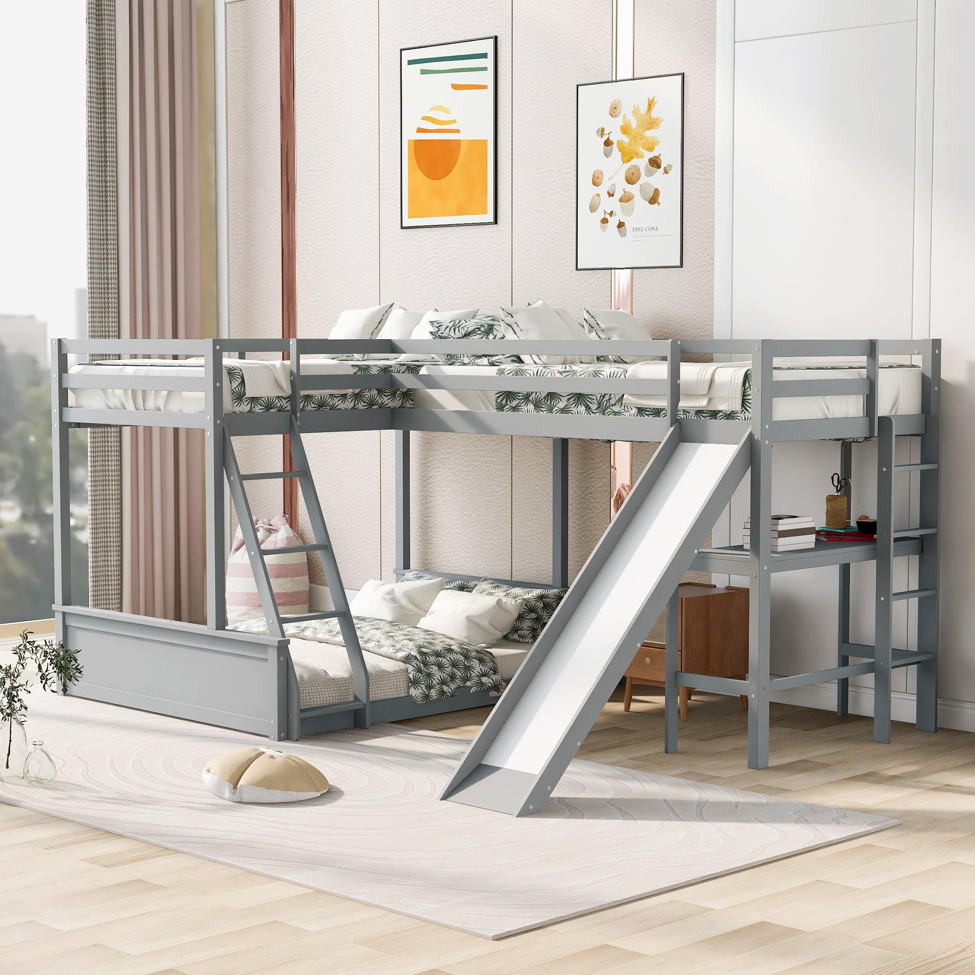 Twin over Full Bunk Bed and Twin Size Loft Bed with Desk, Slide and Guardrail - Gray image