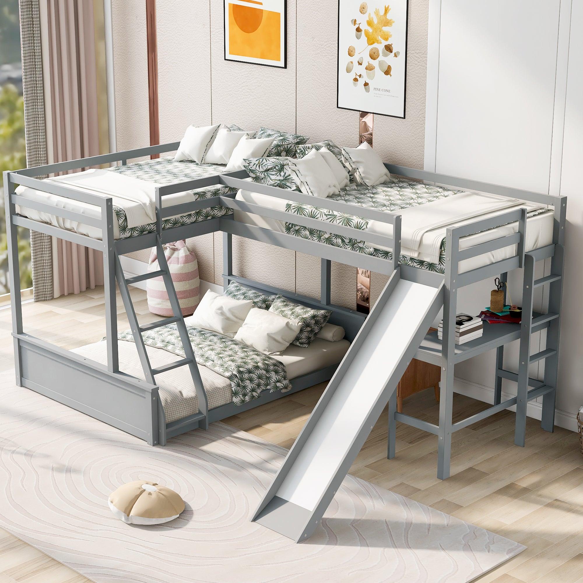 Twin over Full Bunk Bed and Twin Size Loft Bed with Desk, Slide and Guardrail - Gray