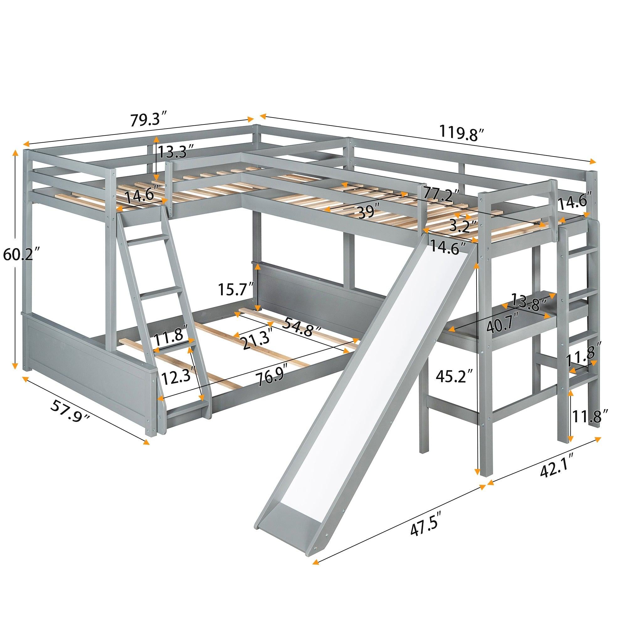 Twin over Full Bunk Bed and Twin Size Loft Bed with Desk, Slide and Guardrail - Gray