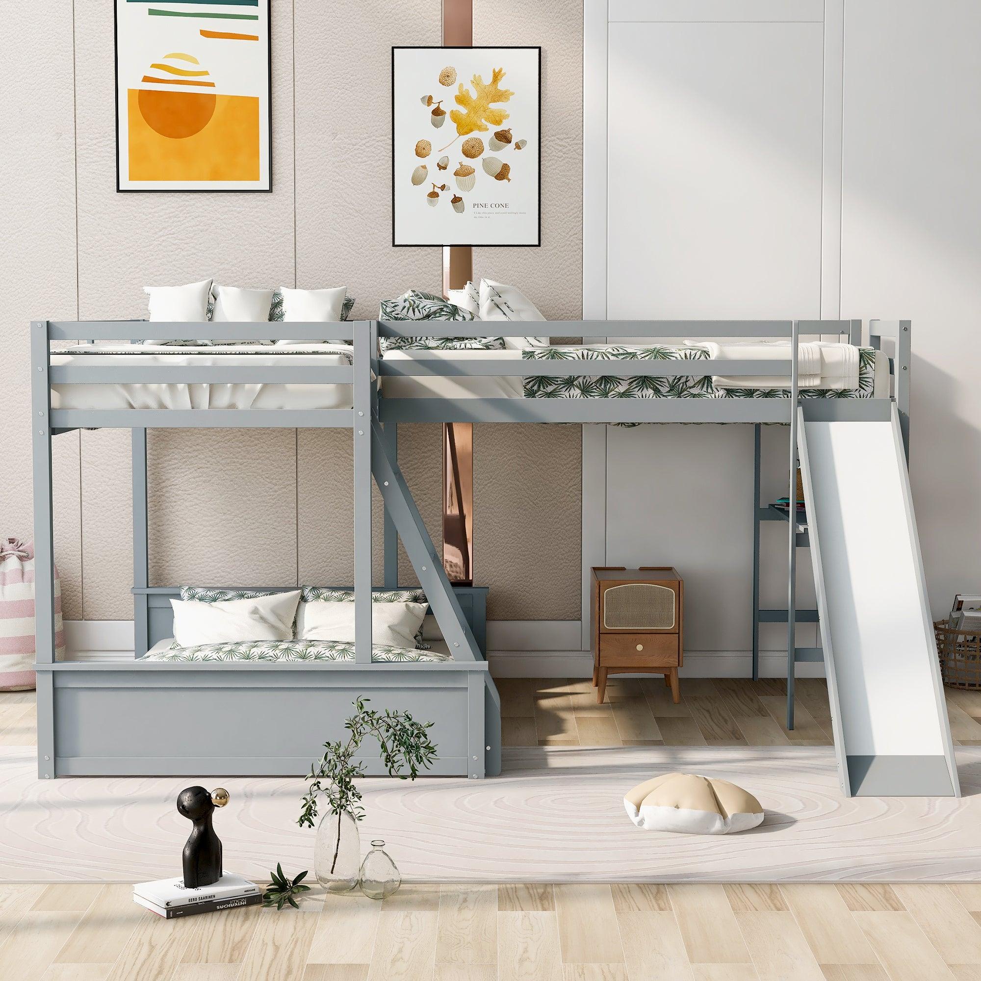 Twin over Full Bunk Bed and Twin Size Loft Bed with Desk, Slide and Guardrail - Gray