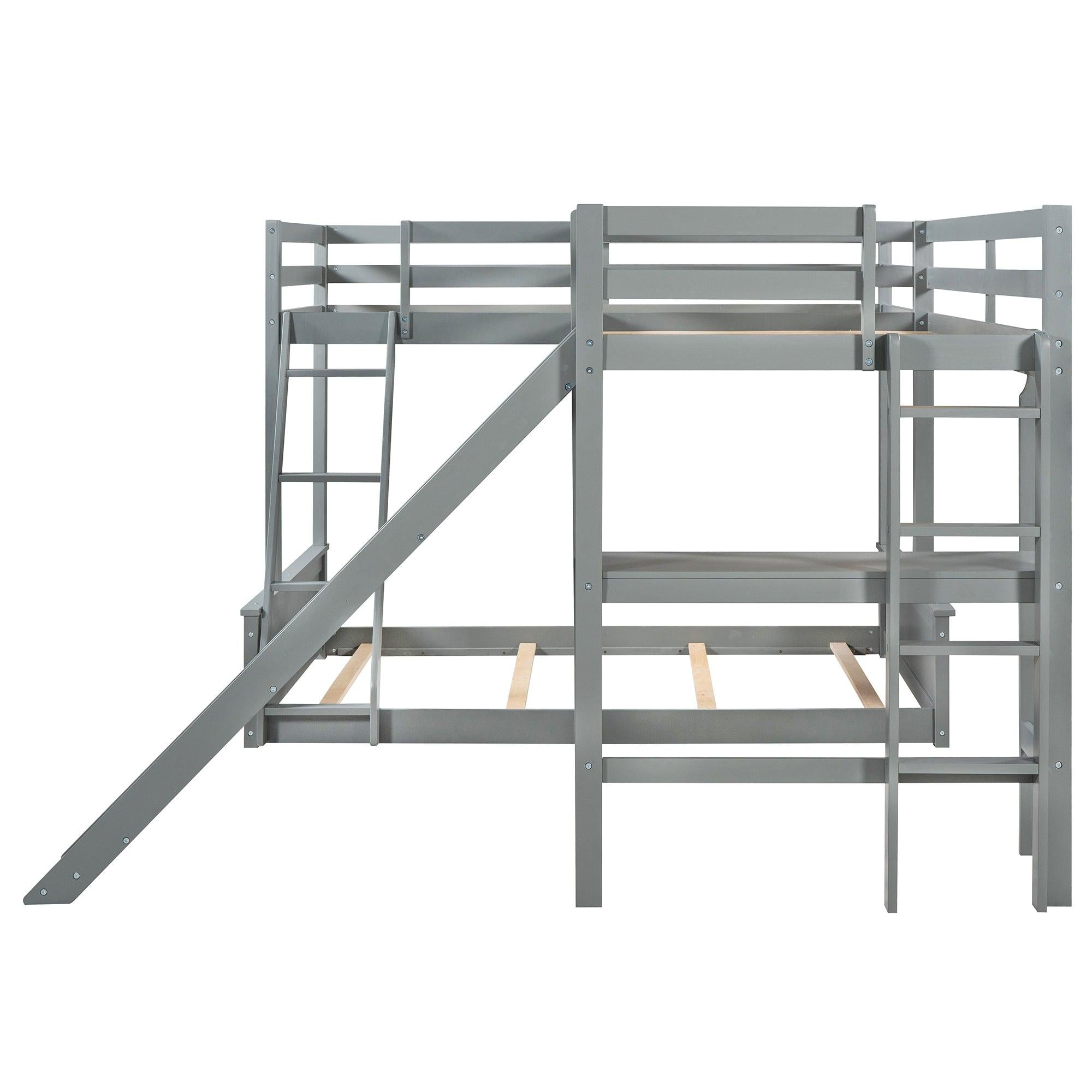 Twin over Full Bunk Bed and Twin Size Loft Bed with Desk, Slide and Guardrail - Gray