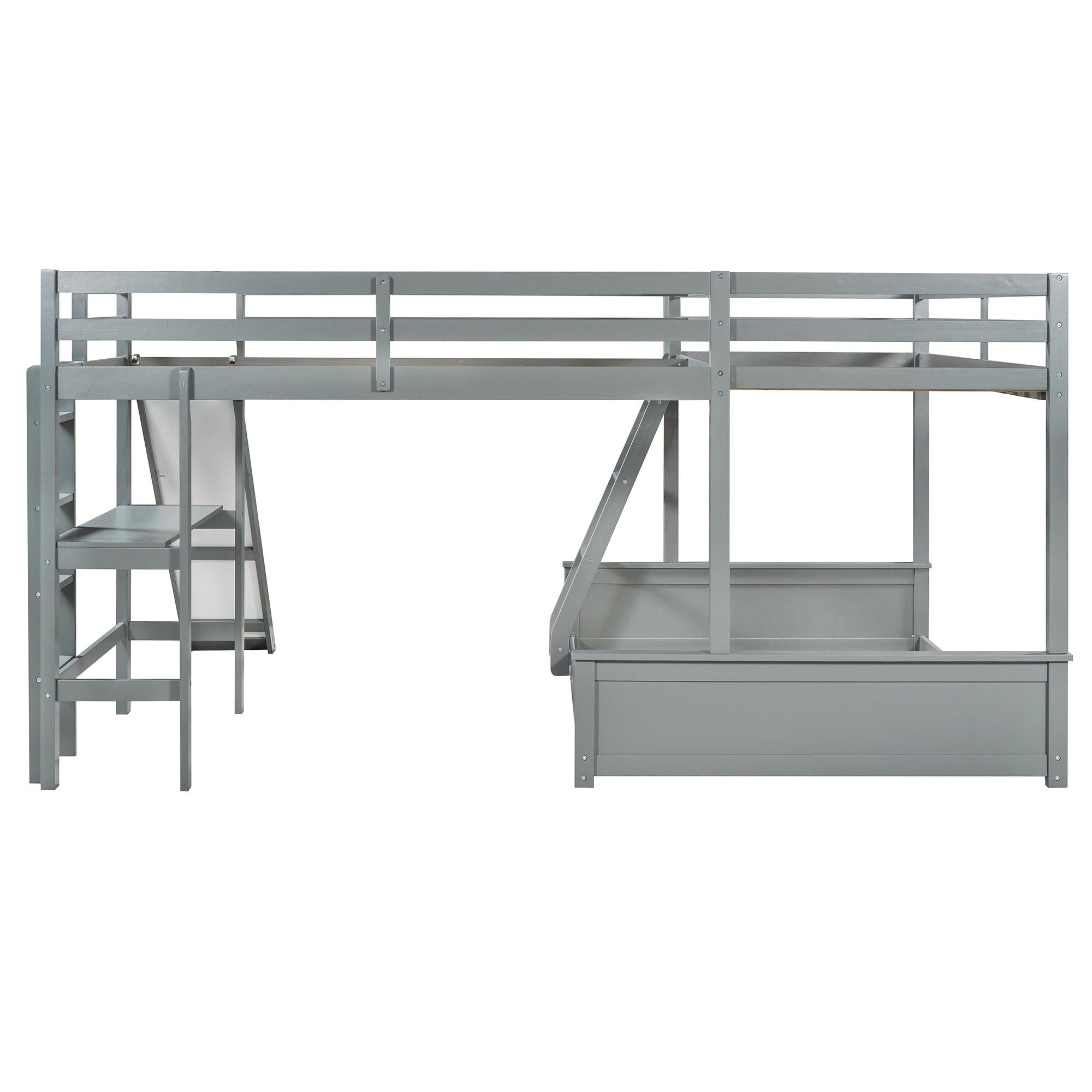 Twin over Full Bunk Bed and Twin Size Loft Bed with Desk, Slide and Guardrail - Gray