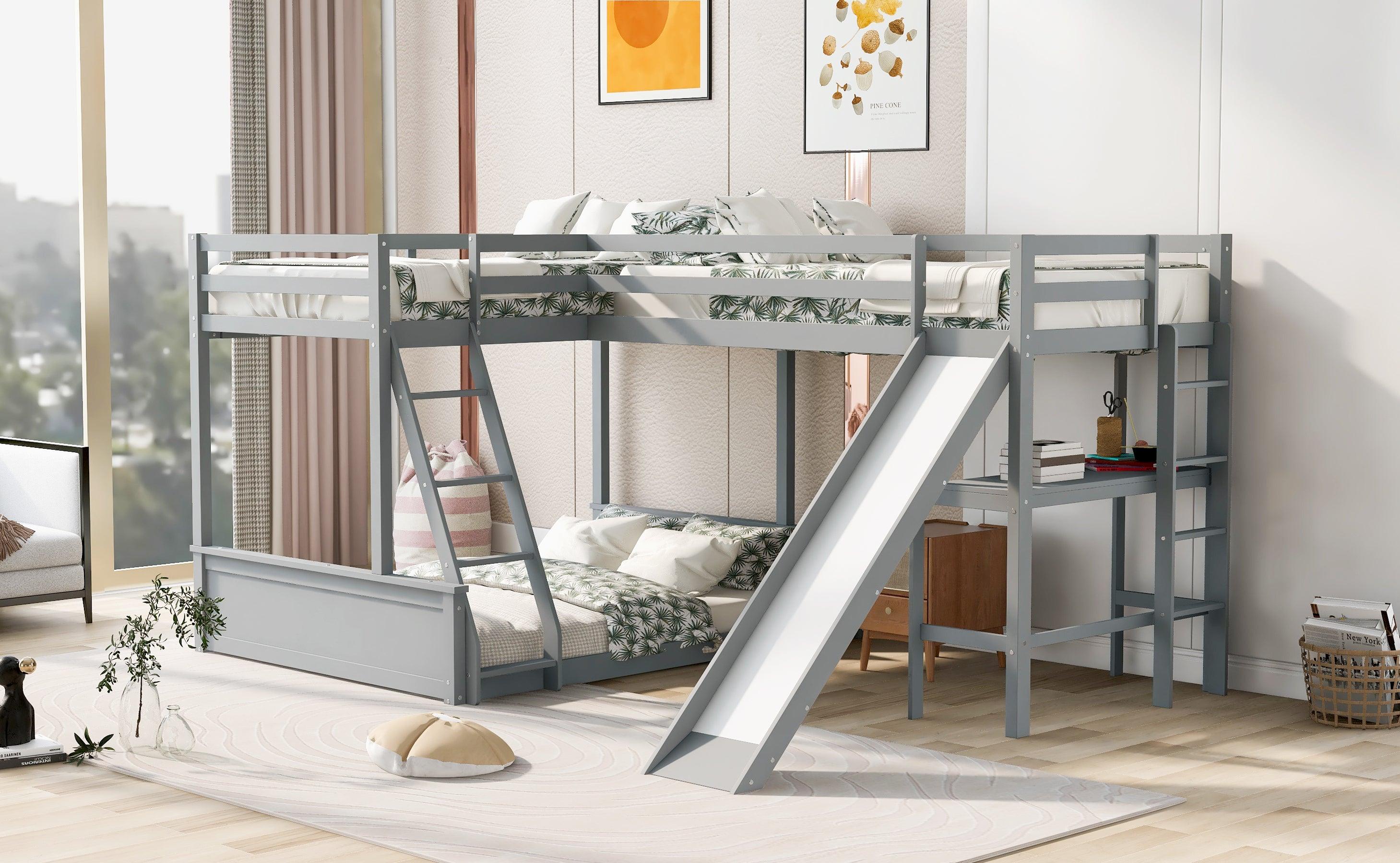 Twin over Full Bunk Bed and Twin Size Loft Bed with Desk, Slide and Guardrail - Gray