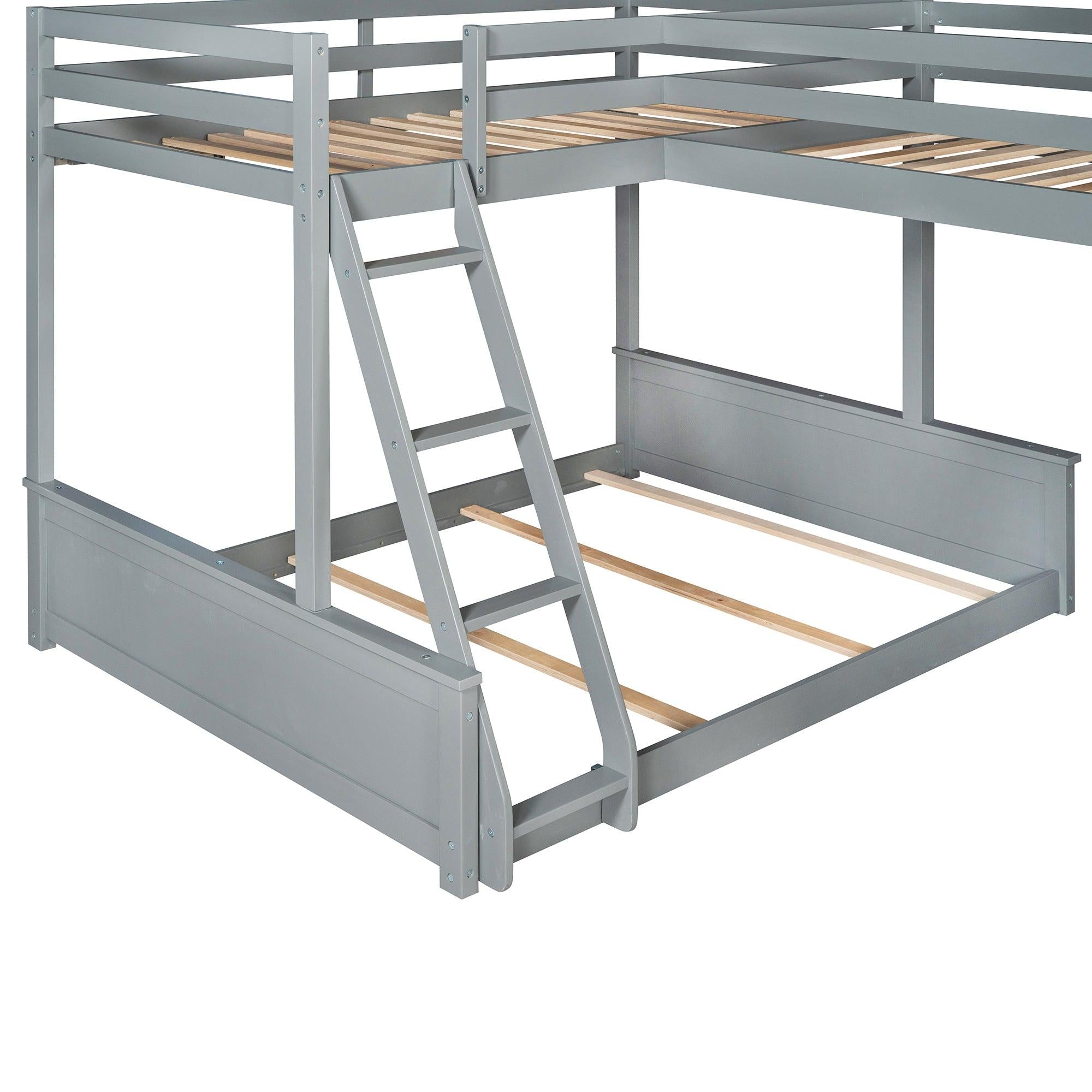 Twin over Full Bunk Bed and Twin Size Loft Bed with Desk, Slide and Guardrail - Gray