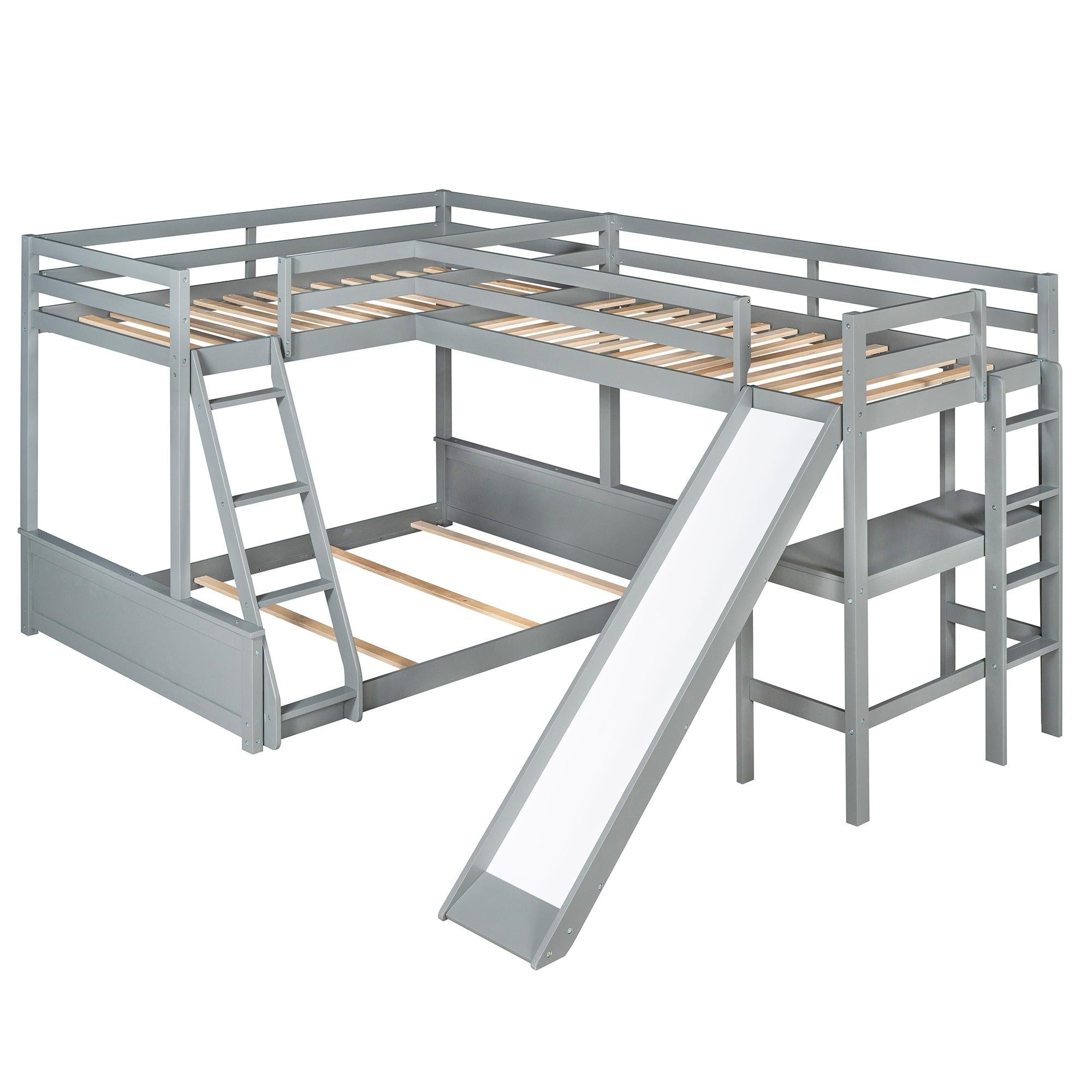 Twin over Full Bunk Bed and Twin Size Loft Bed with Desk, Slide and Guardrail - Gray