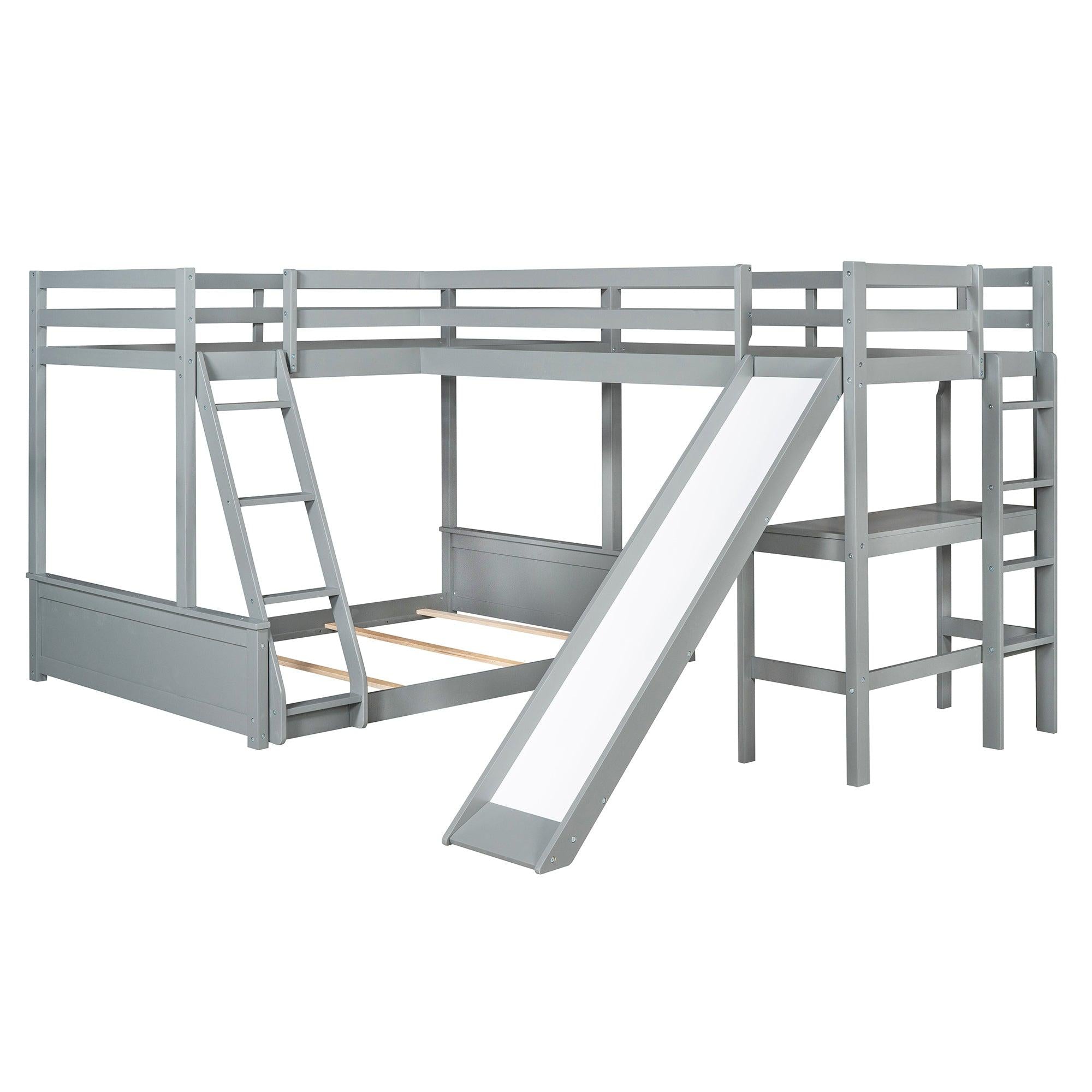 Twin over Full Bunk Bed and Twin Size Loft Bed with Desk, Slide and Guardrail - Gray