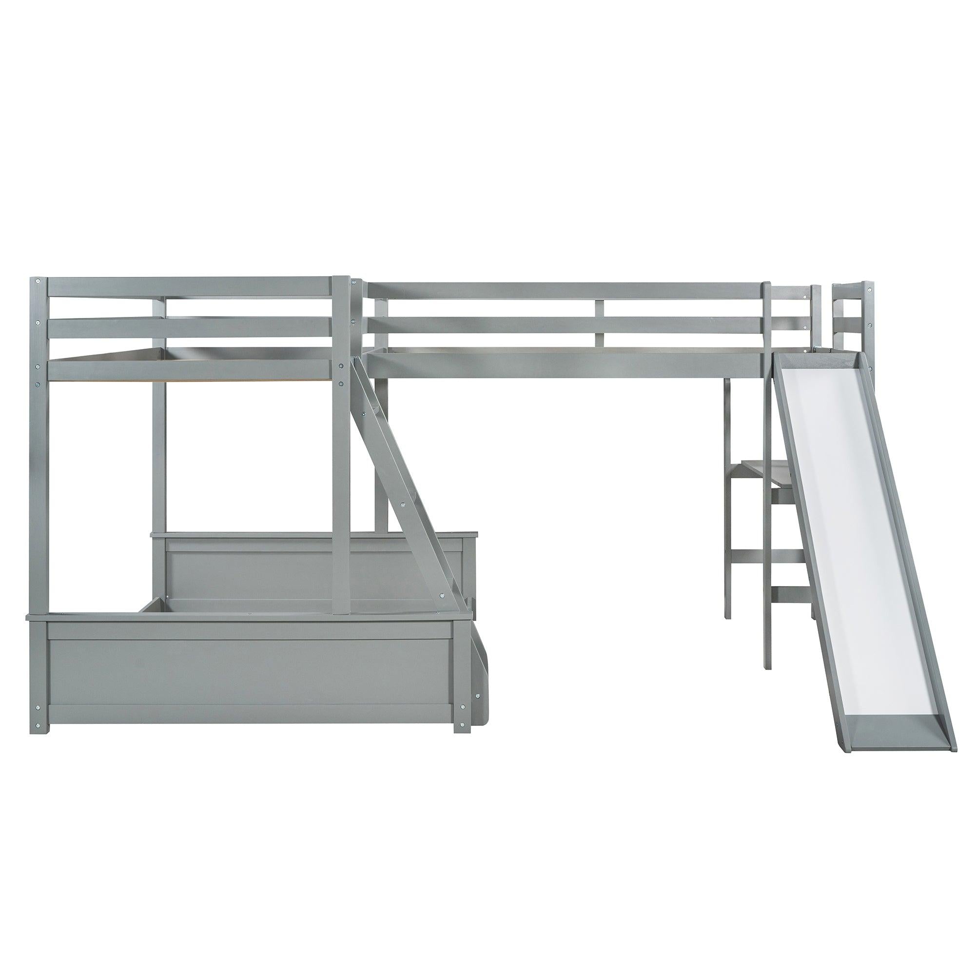 Twin over Full Bunk Bed and Twin Size Loft Bed with Desk, Slide and Guardrail - Gray