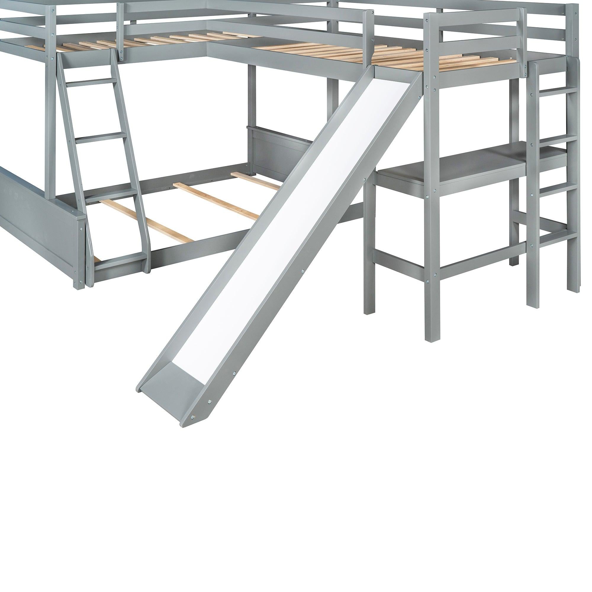 Twin over Full Bunk Bed and Twin Size Loft Bed with Desk, Slide and Guardrail - Gray