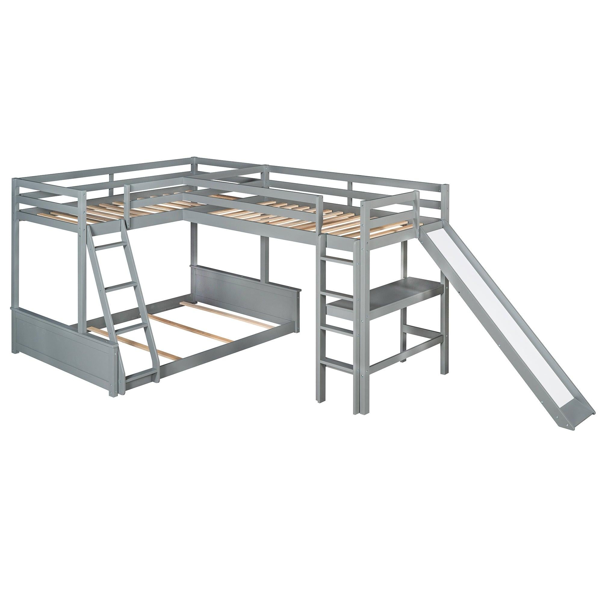 Twin over Full Bunk Bed and Twin Size Loft Bed with Desk, Slide and Guardrail - Gray