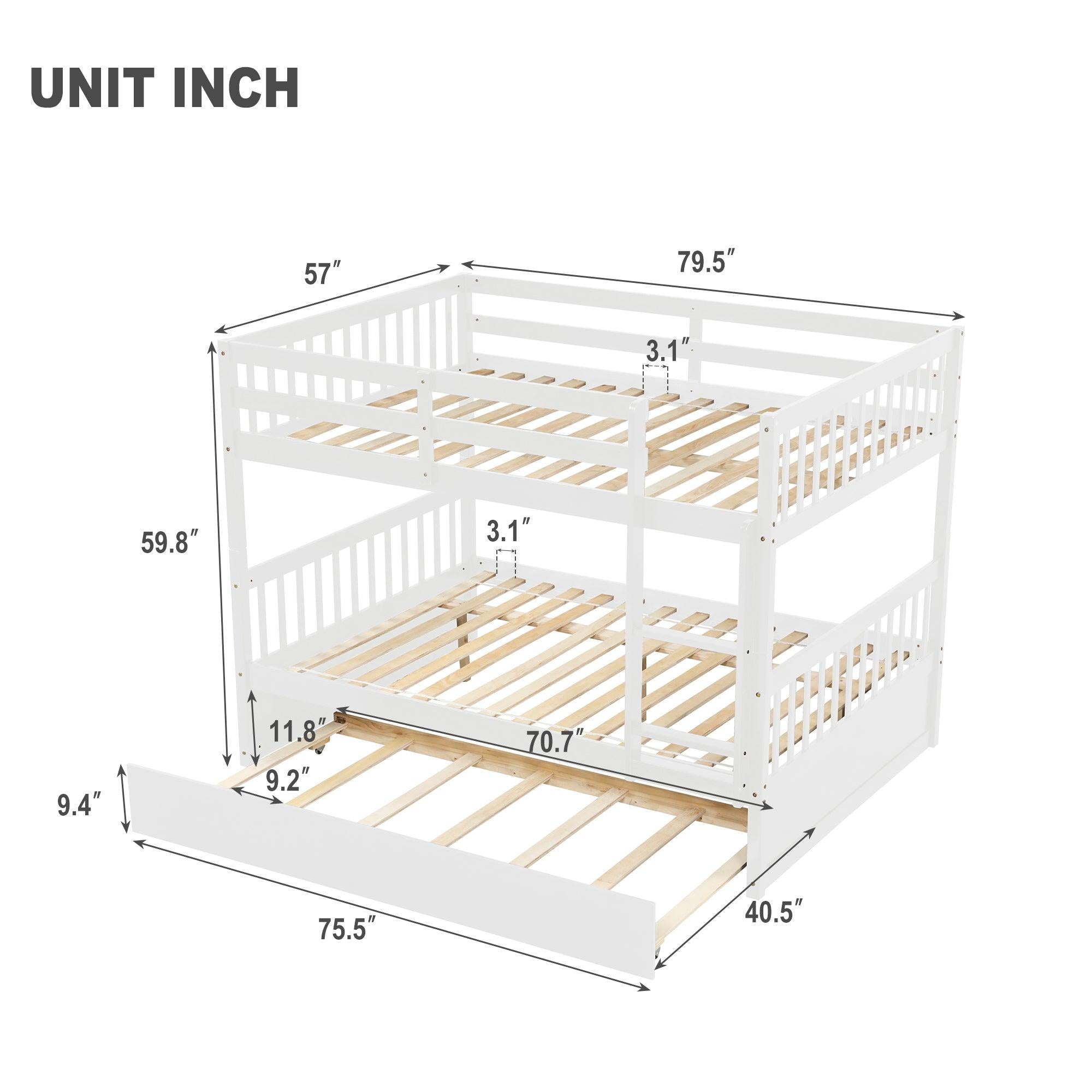 Full Over Full Convertible Bunk Bed with Twin Size Trundle and Safety Rails - White