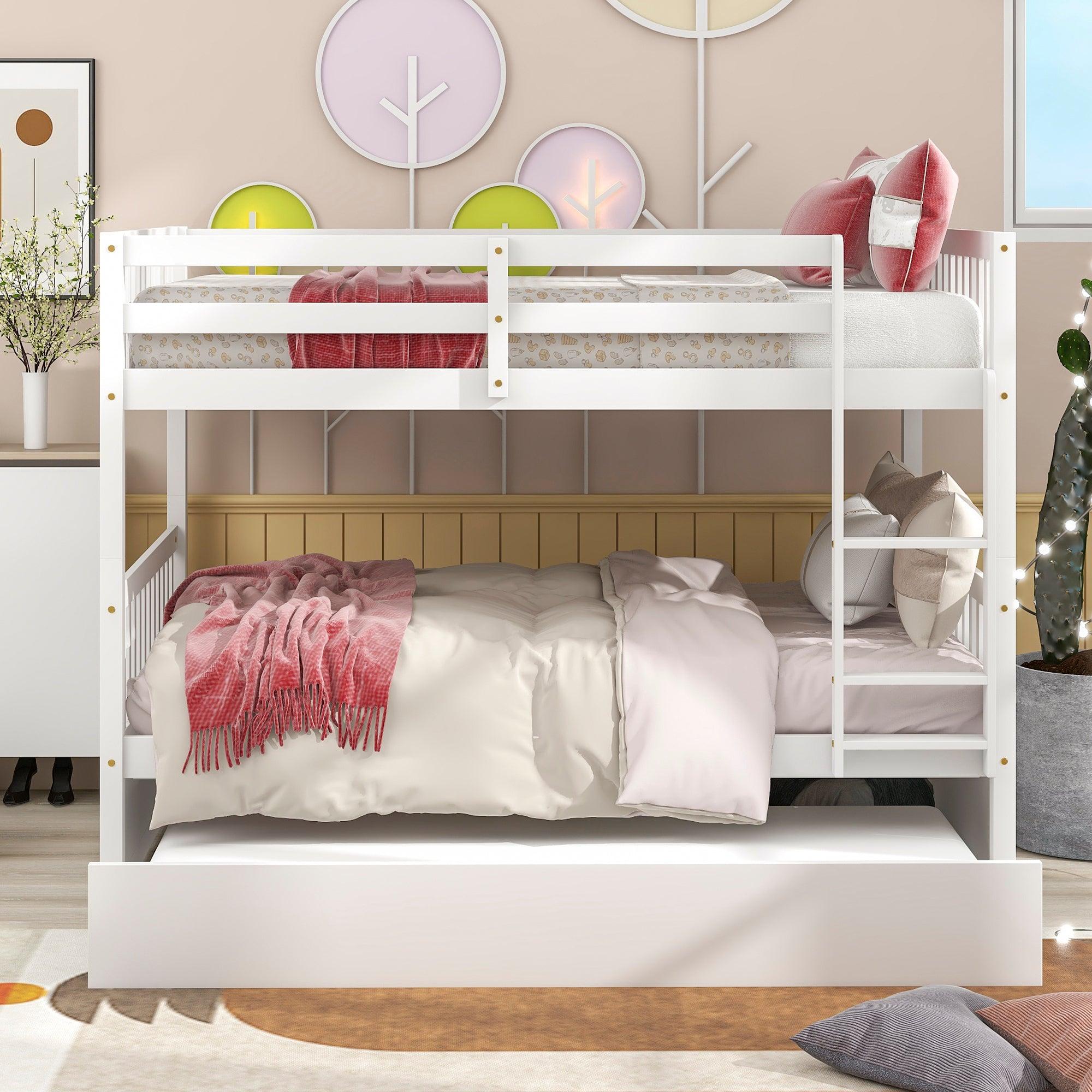 Full Over Full Convertible Bunk Bed with Twin Size Trundle and Safety Rails - White