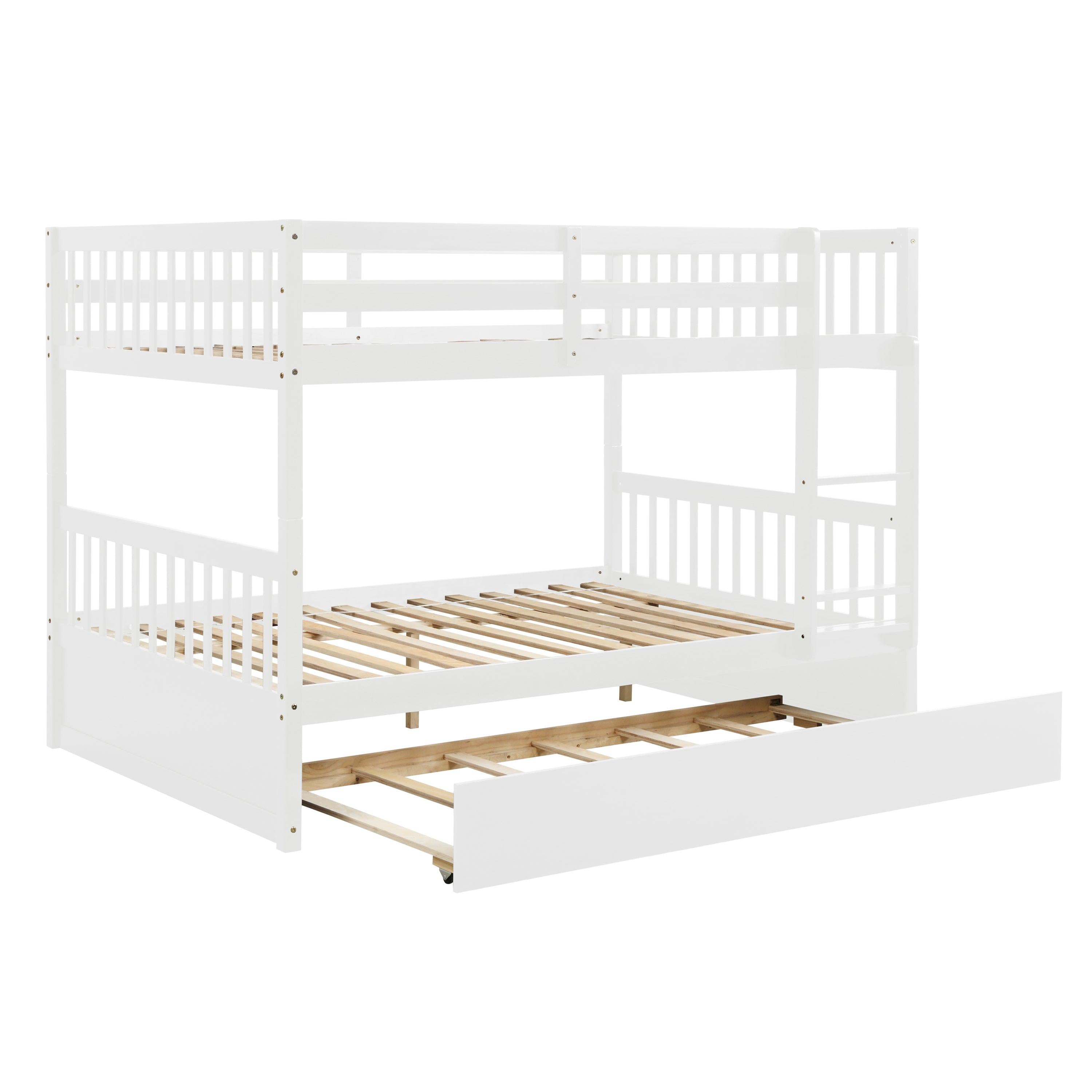 Full Over Full Convertible Bunk Bed with Twin Size Trundle and Safety Rails - White