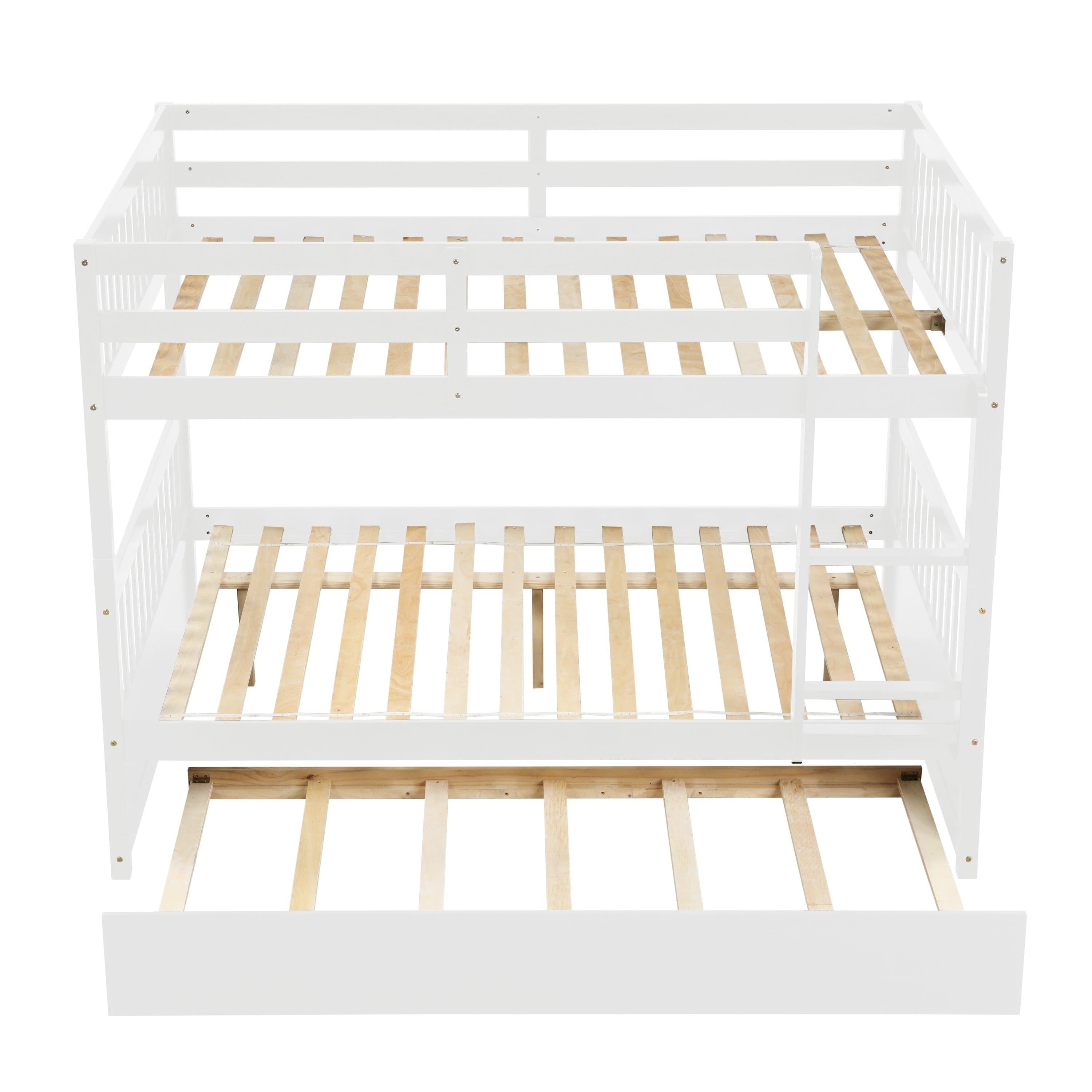 Full Over Full Convertible Bunk Bed with Twin Size Trundle and Safety Rails - White