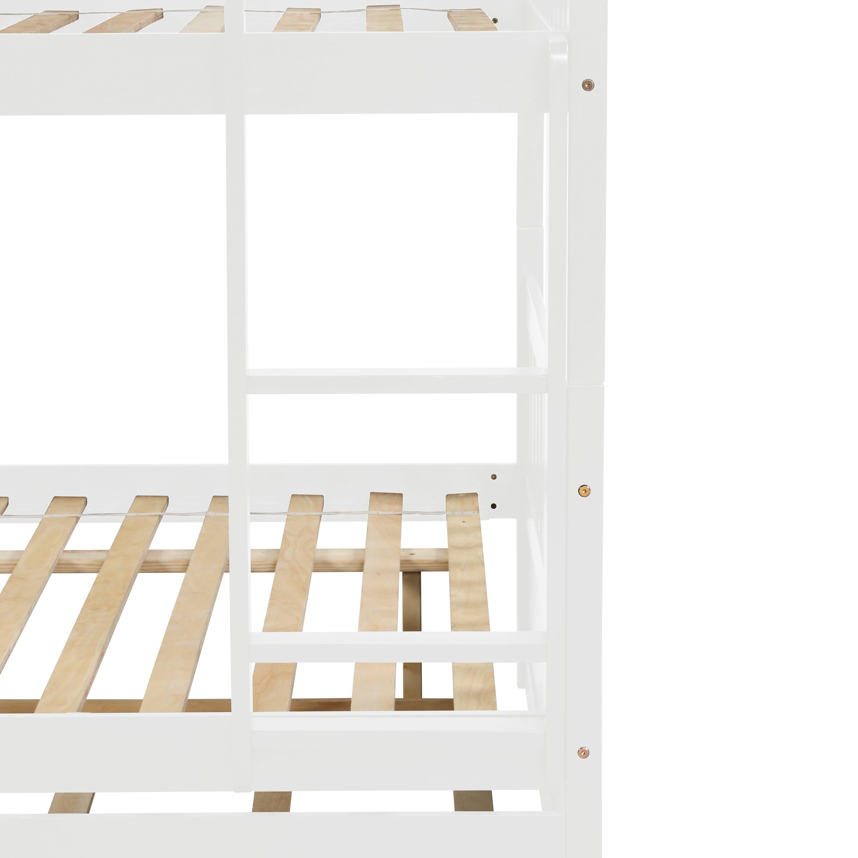 Full Over Full Convertible Bunk Bed with Twin Size Trundle and Safety Rails - White