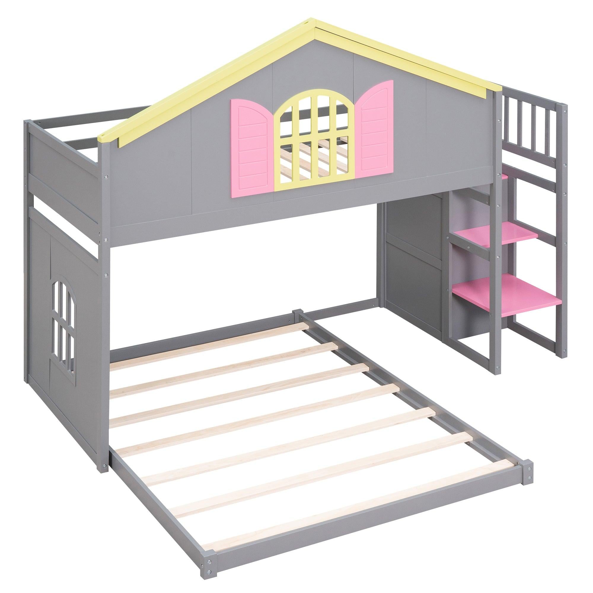 Twin over Full House Bunk Bed with Pink Staircase, Drawer and Shelves - Gray