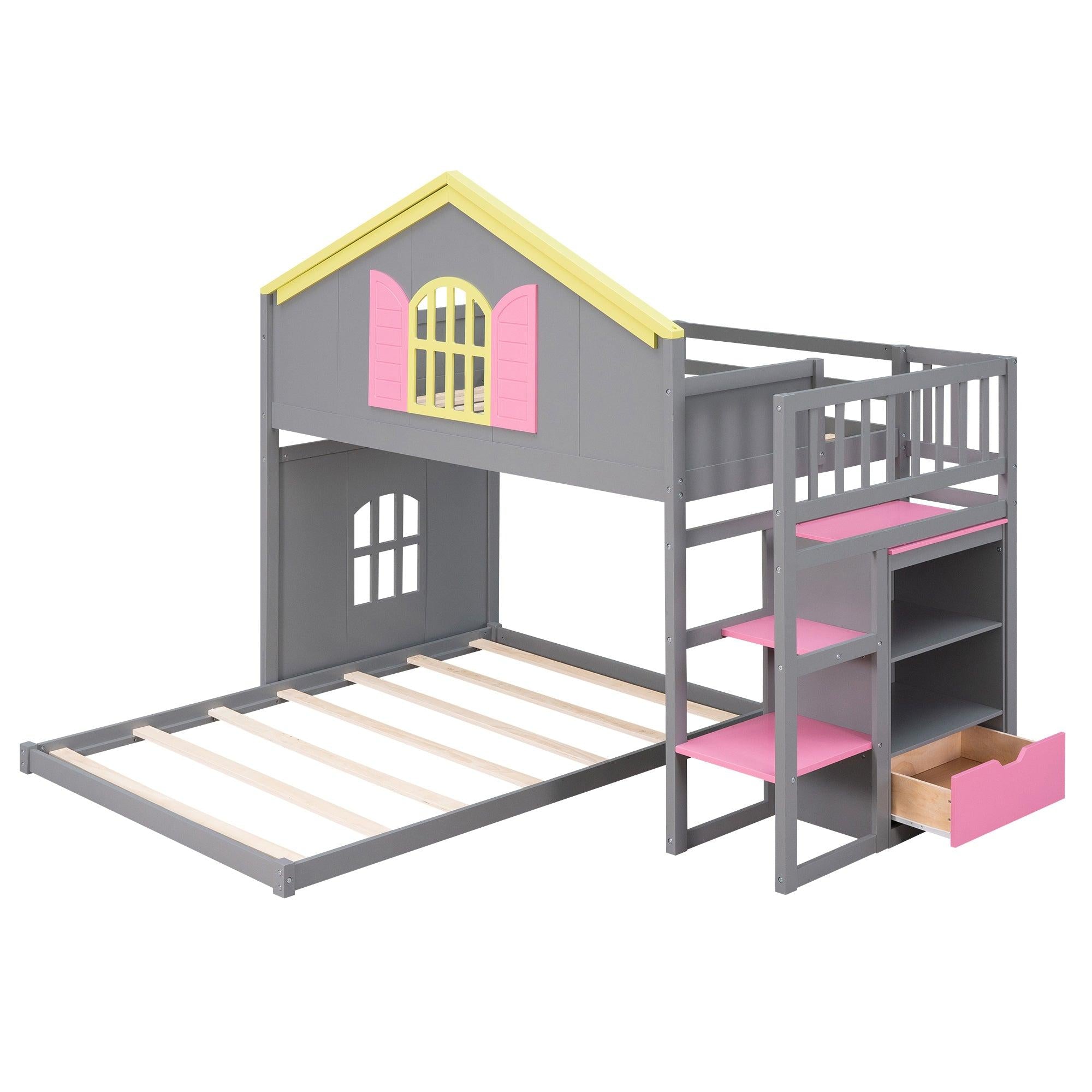 Twin over Full House Bunk Bed with Pink Staircase, Drawer and Shelves - Gray