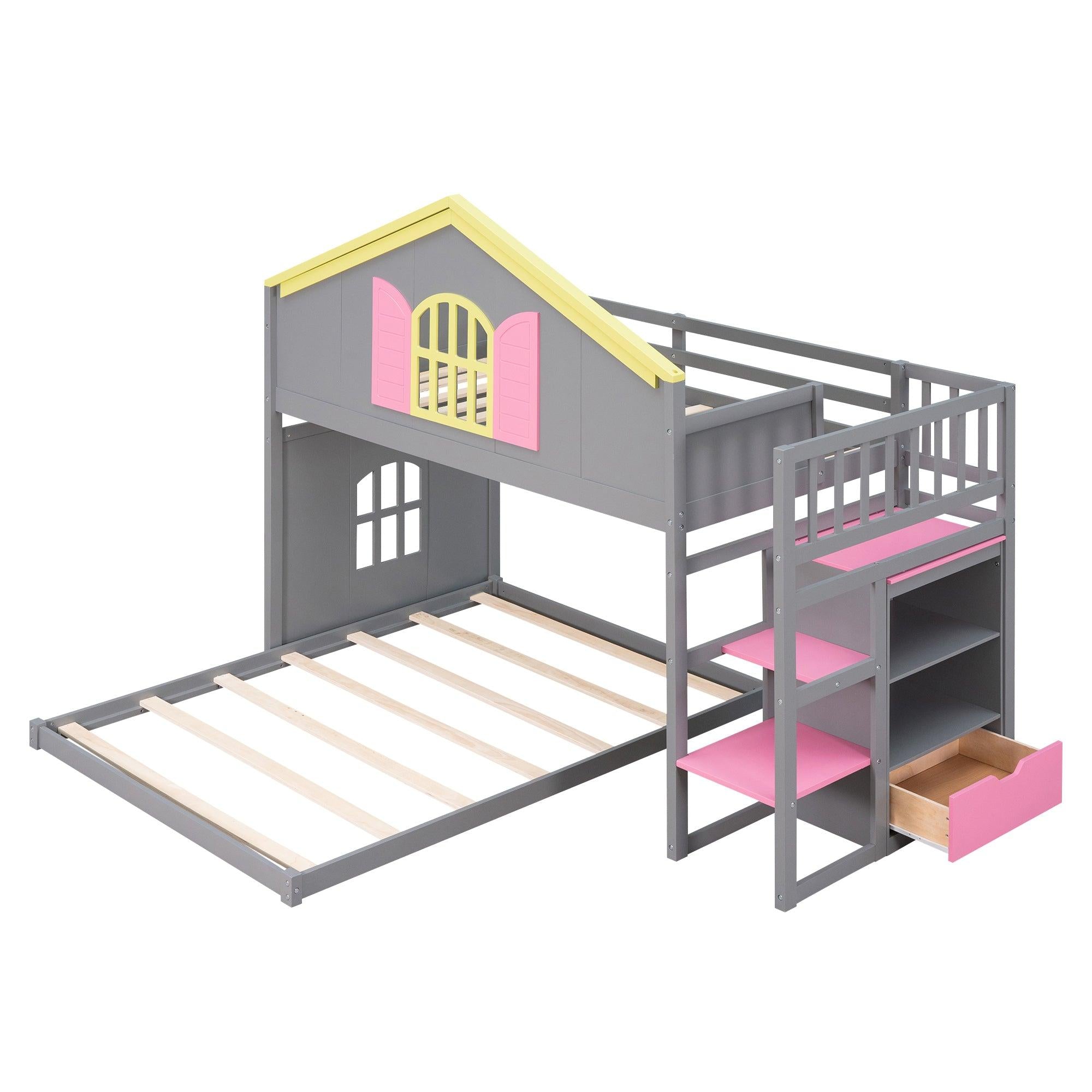 Twin over Full House Bunk Bed with Pink Staircase, Drawer and Shelves - Gray