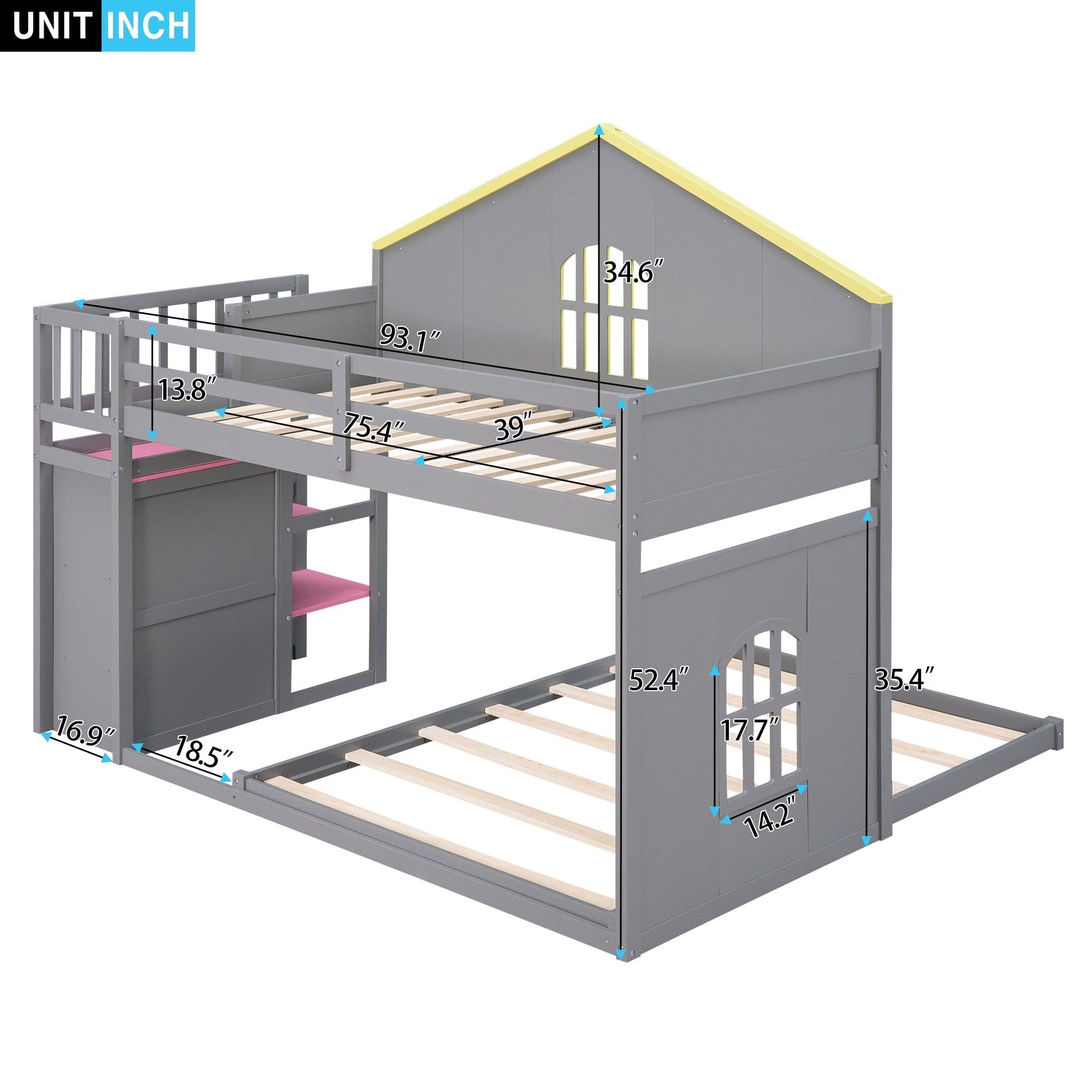 Twin over Full House Bunk Bed with Pink Staircase, Drawer and Shelves - Gray