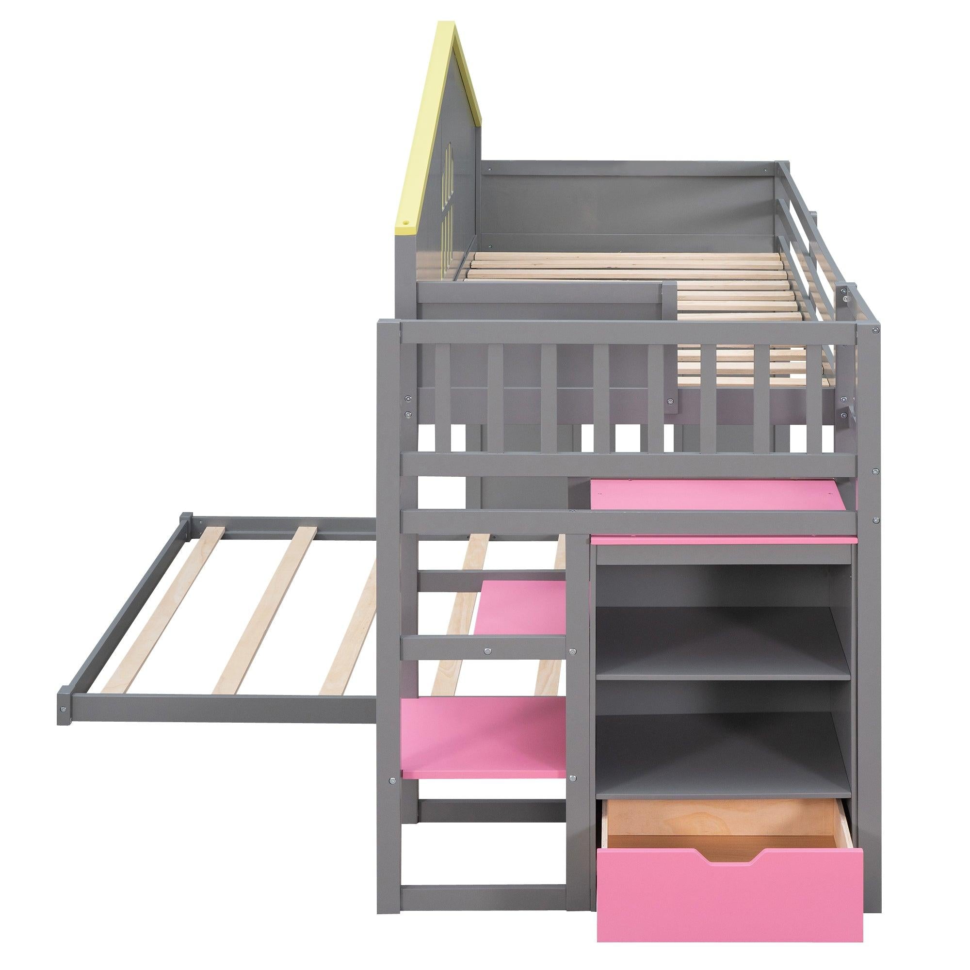 Twin over Full House Bunk Bed with Pink Staircase, Drawer and Shelves - Gray