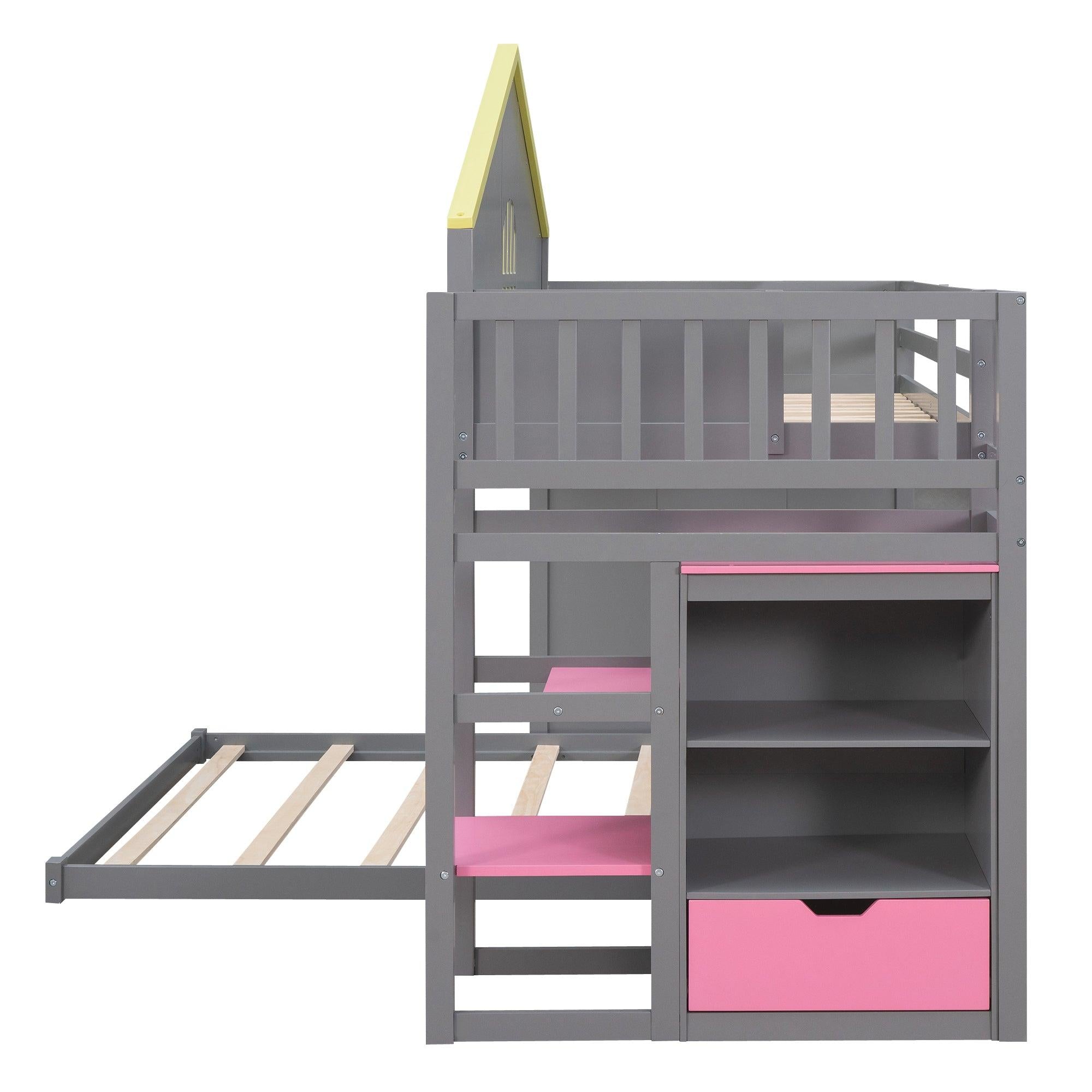 Twin over Full House Bunk Bed with Pink Staircase, Drawer and Shelves - Gray