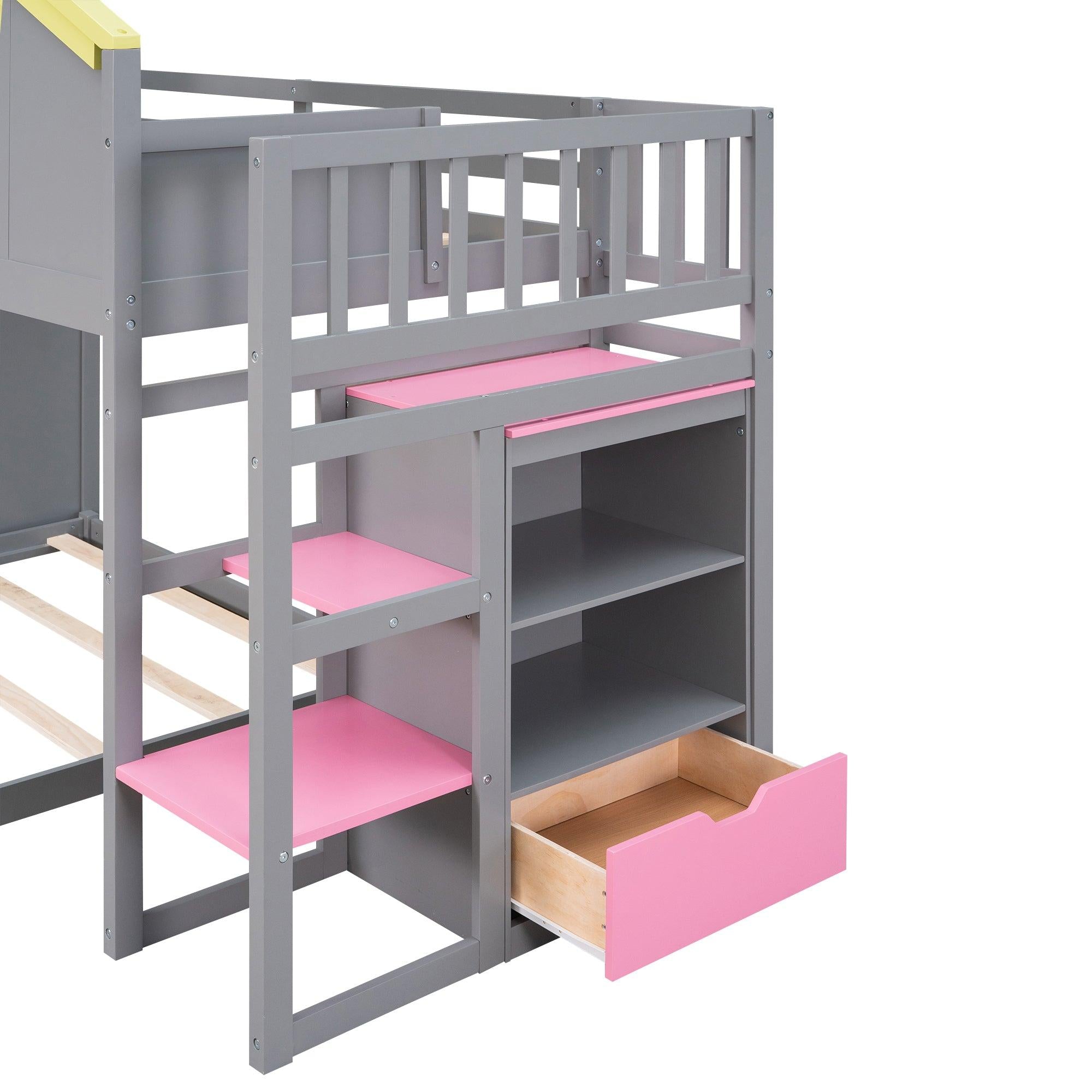 Twin over Full House Bunk Bed with Pink Staircase, Drawer and Shelves - Gray