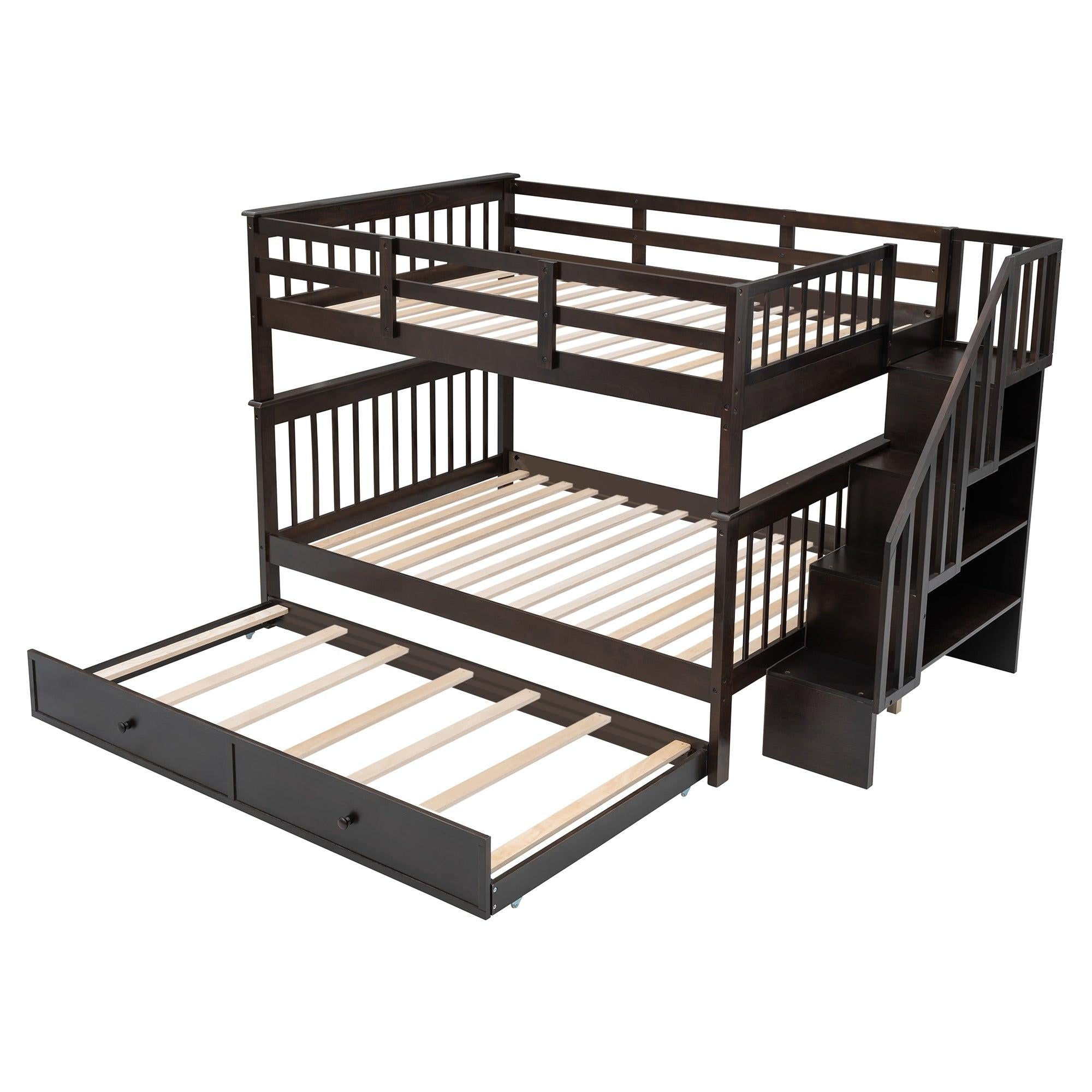 Full Over Full Bunk Bed with Twin Size Trundle,Storage Staircase and Guard Rail  - Espresso