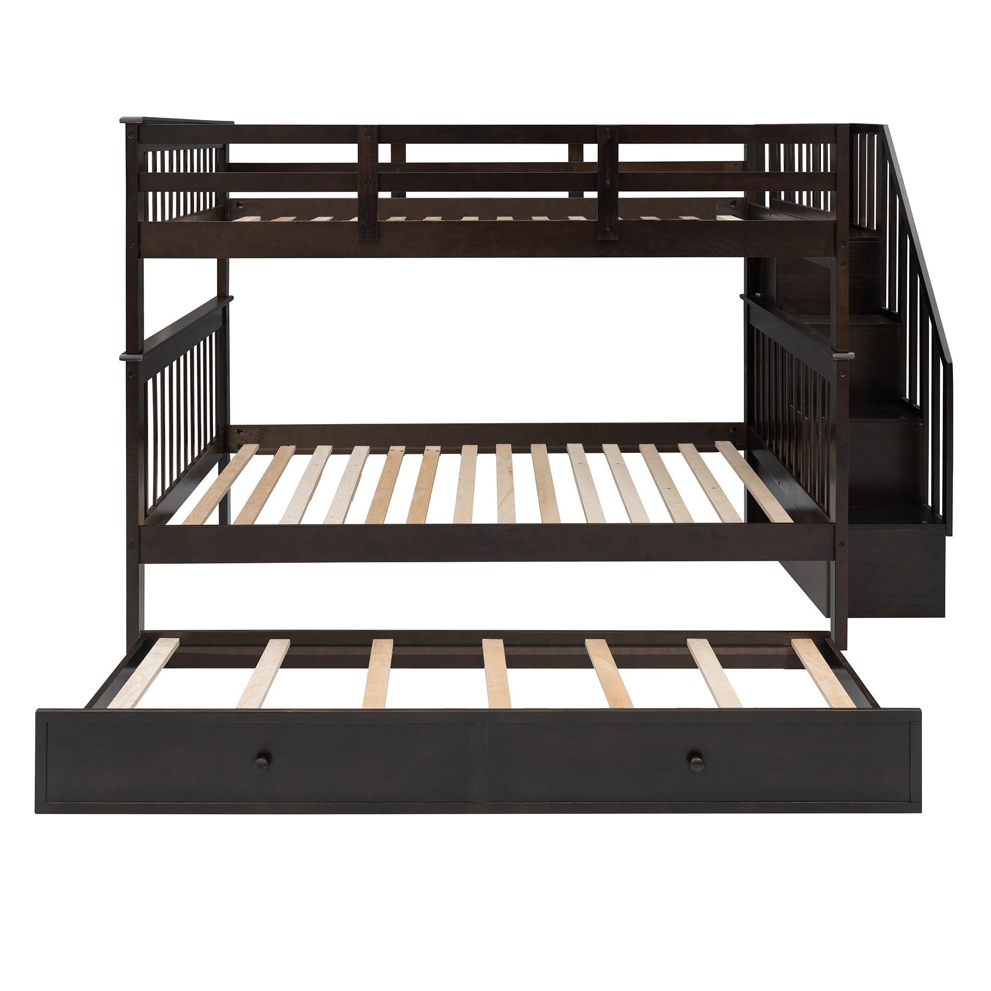 Full Over Full Bunk Bed with Twin Size Trundle,Storage Staircase and Guard Rail  - Espresso