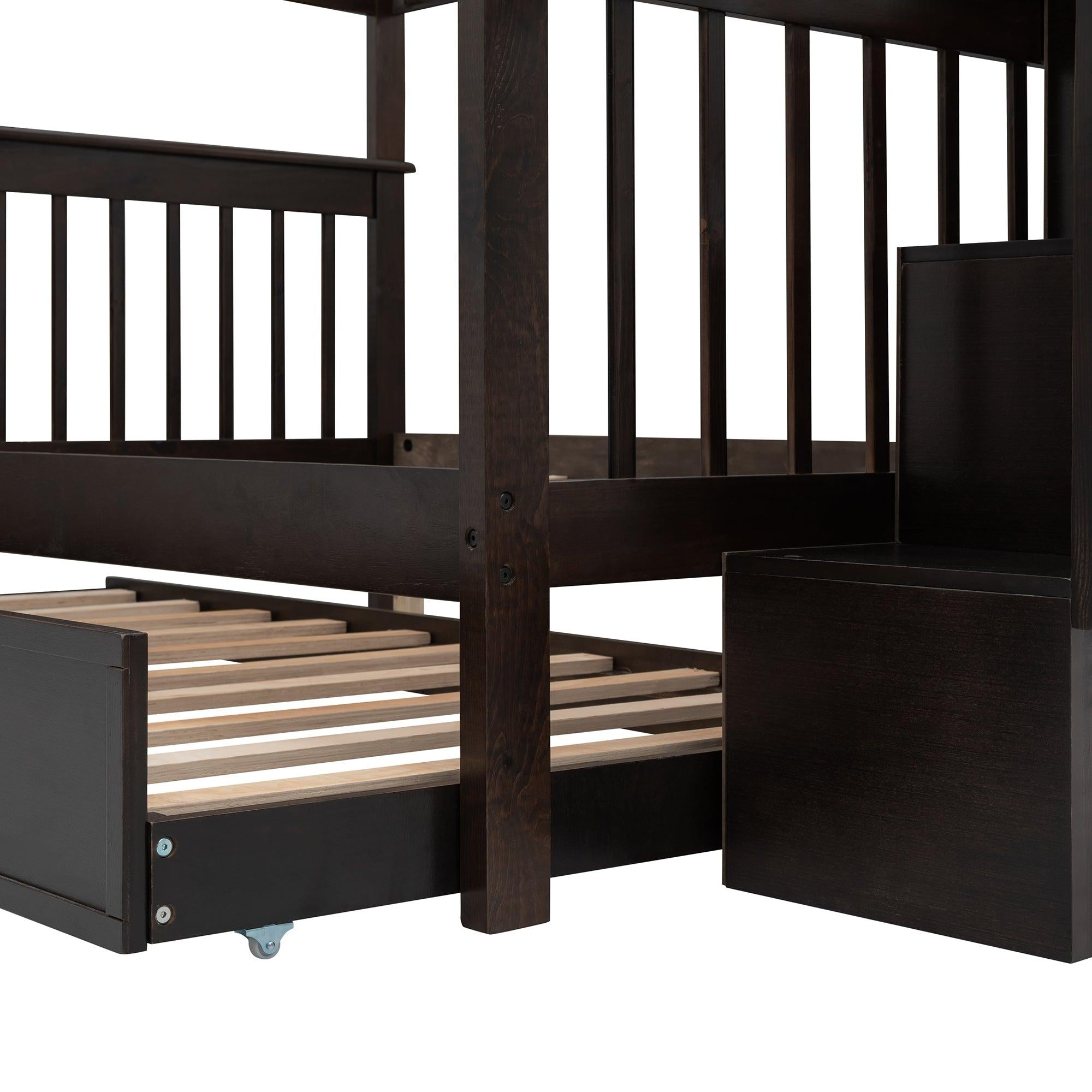 Full Over Full Bunk Bed with Twin Size Trundle,Storage Staircase and Guard Rail  - Espresso